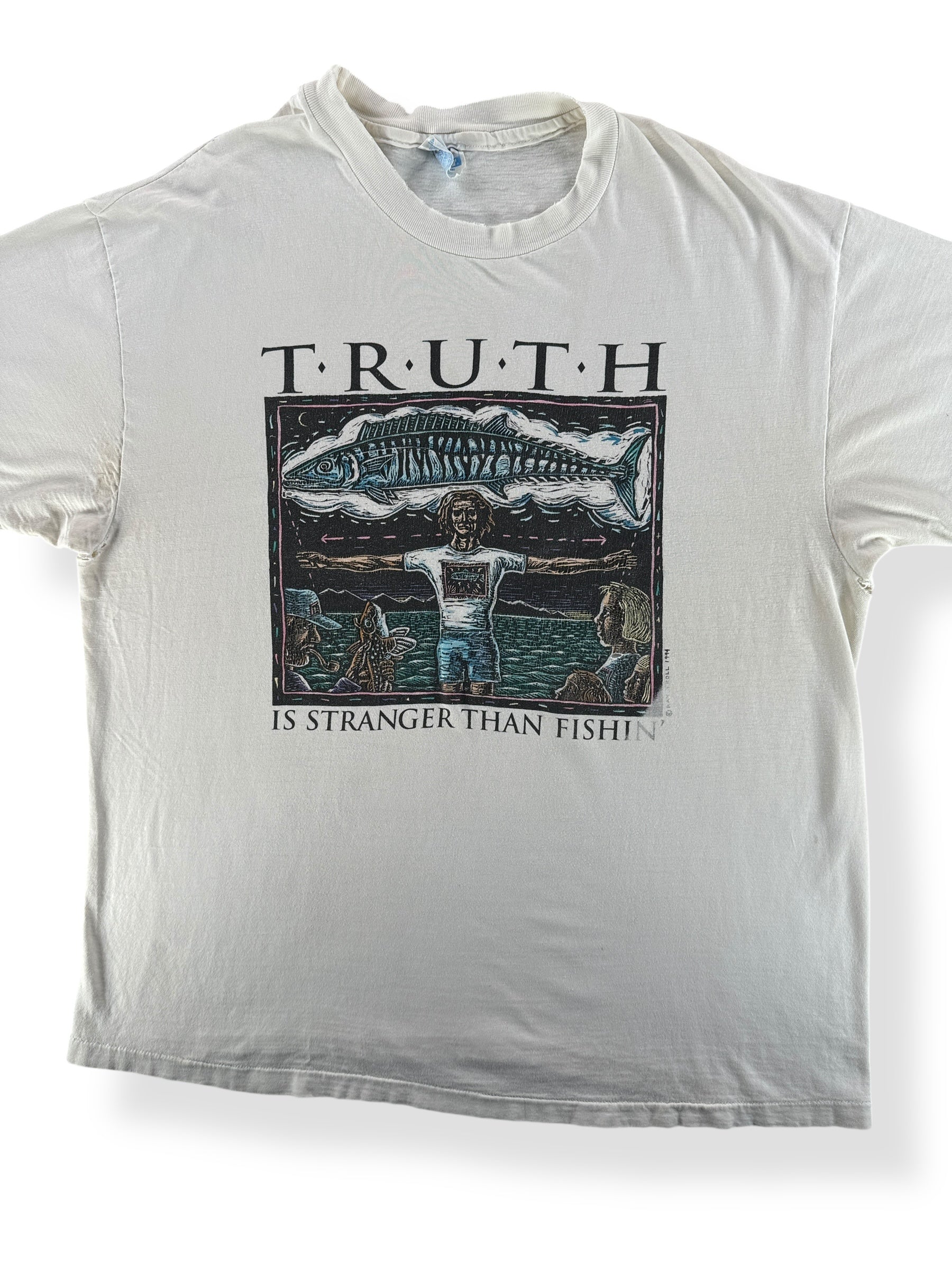 Front Close Up of Vintage Ray Troll Truth is Stranger than Fishin Tee  SZ XL