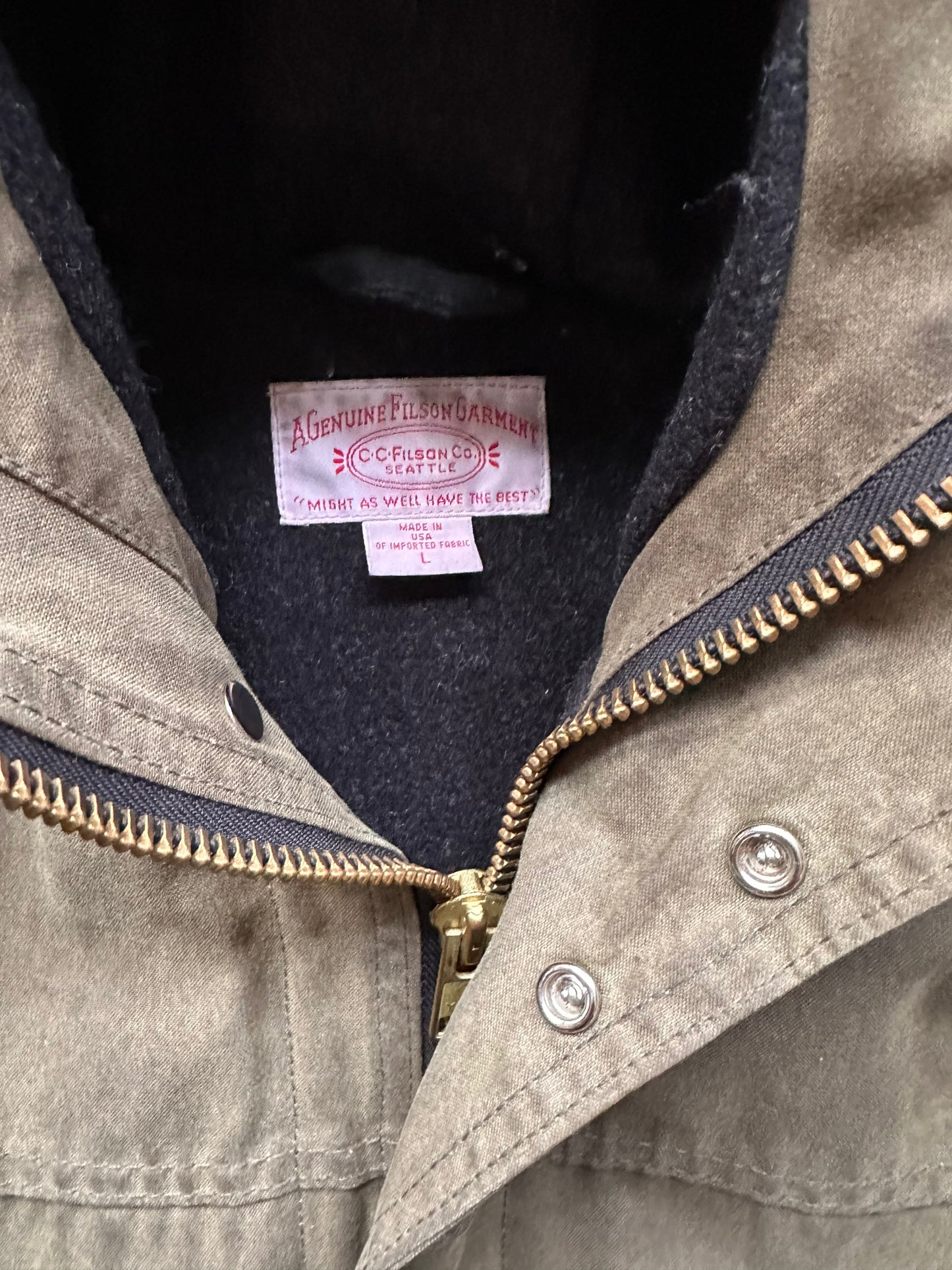 Tag View of Filson Foothills Parka SZ L |  Filson Tin Cloth Jackets Seattle | Barn Owl Vintage Clothing Seattle