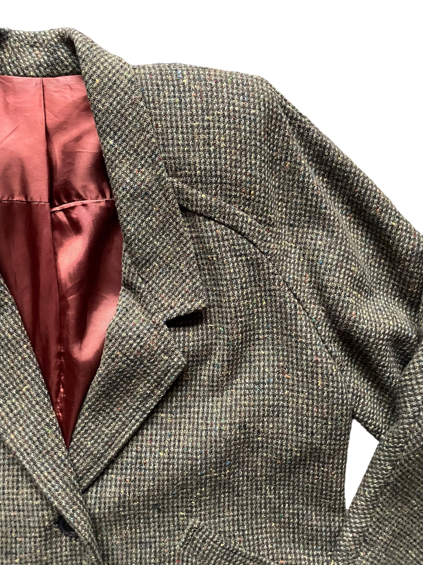 Front left shoulder view of Vintage 1940s Tweed Boxy Blazer SZ L | Seattle True Vintage | Barn Owl Vintage Coats