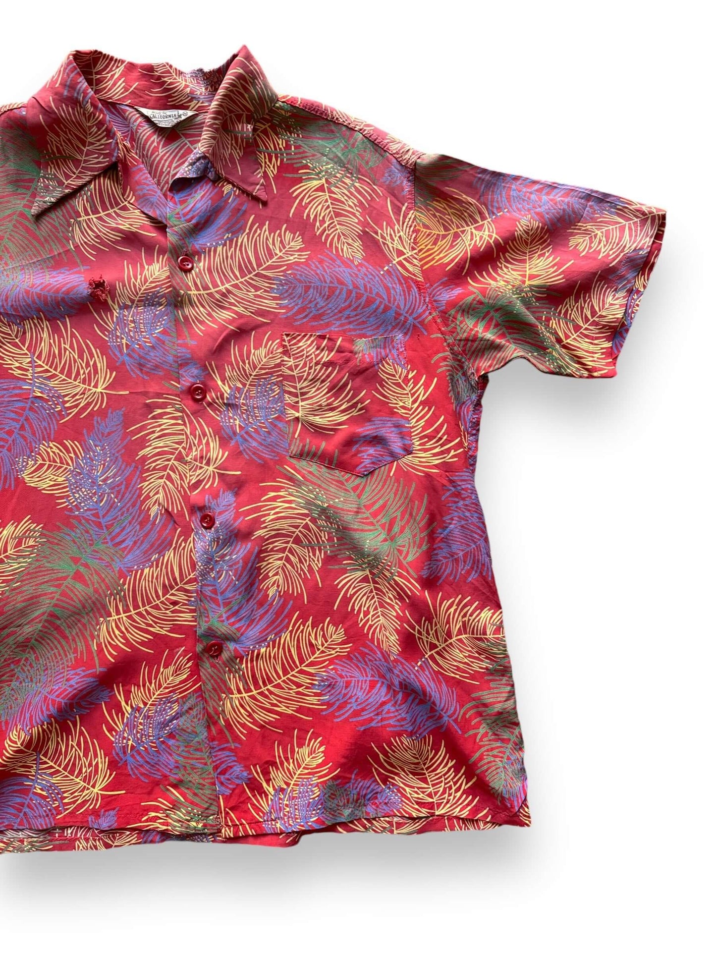 Front Left View of Vintage Abstract Made in California Rayon Aloha Shirt SZ M