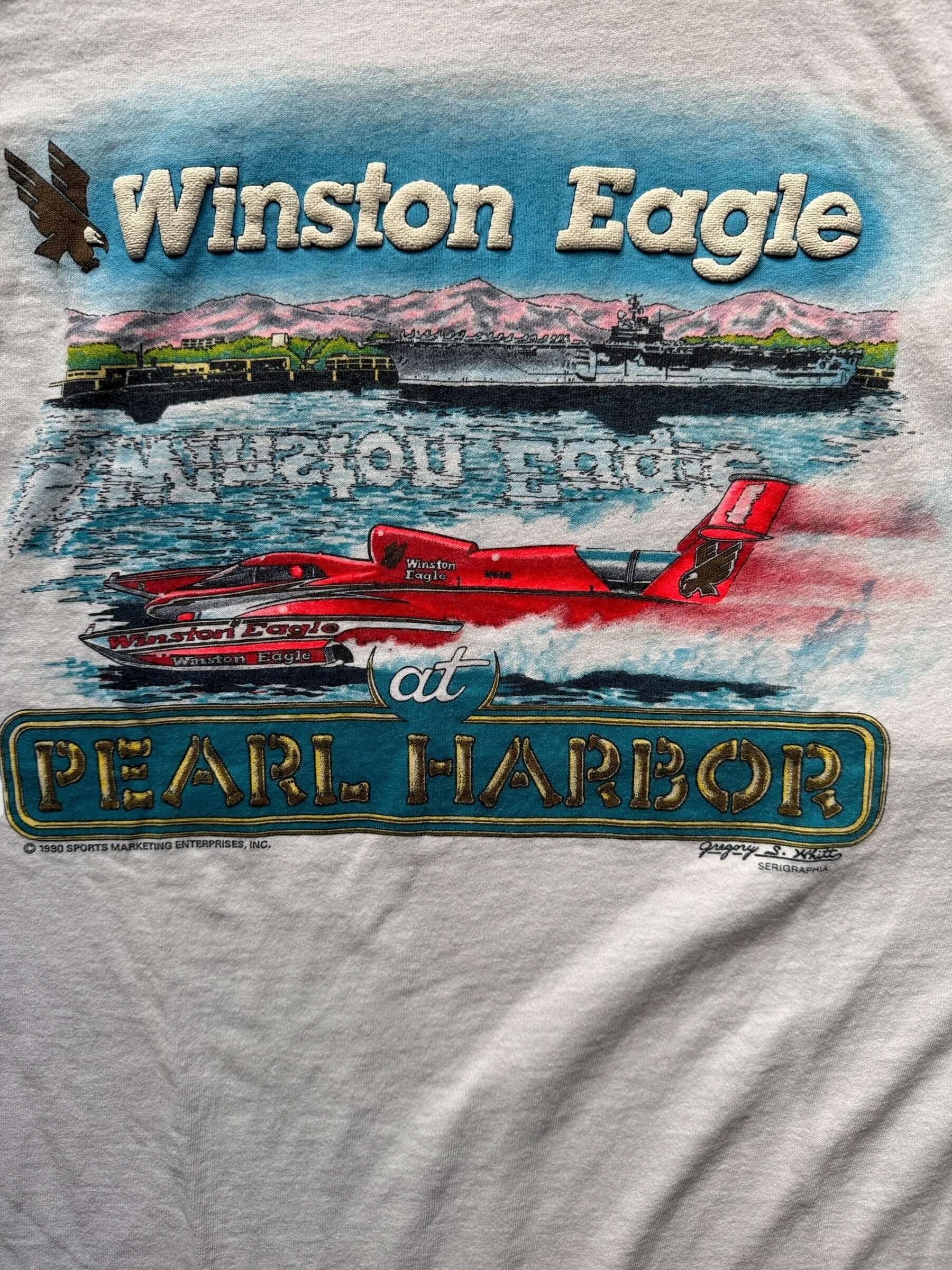 Front Graphic Close Up on Vintage Winston Eagle Pearl Harbor Tee SZ L