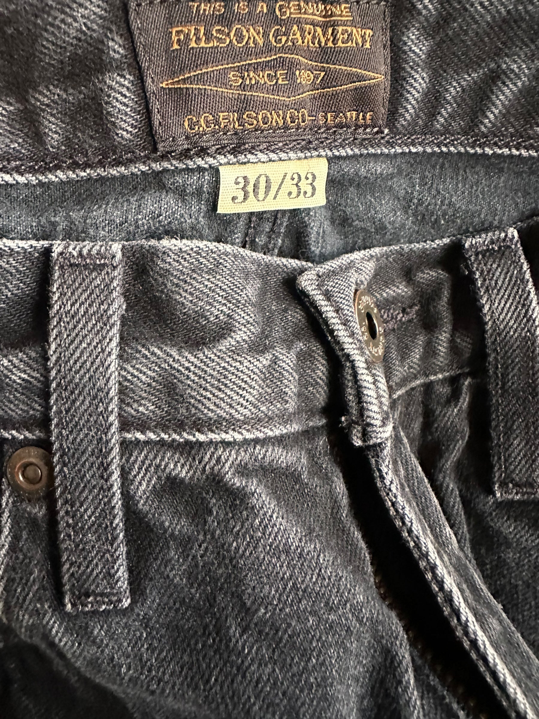 Sizing Tag View of Black Filson Jeans W31 |  Filson Dungarees | Filson Workwear Seattle