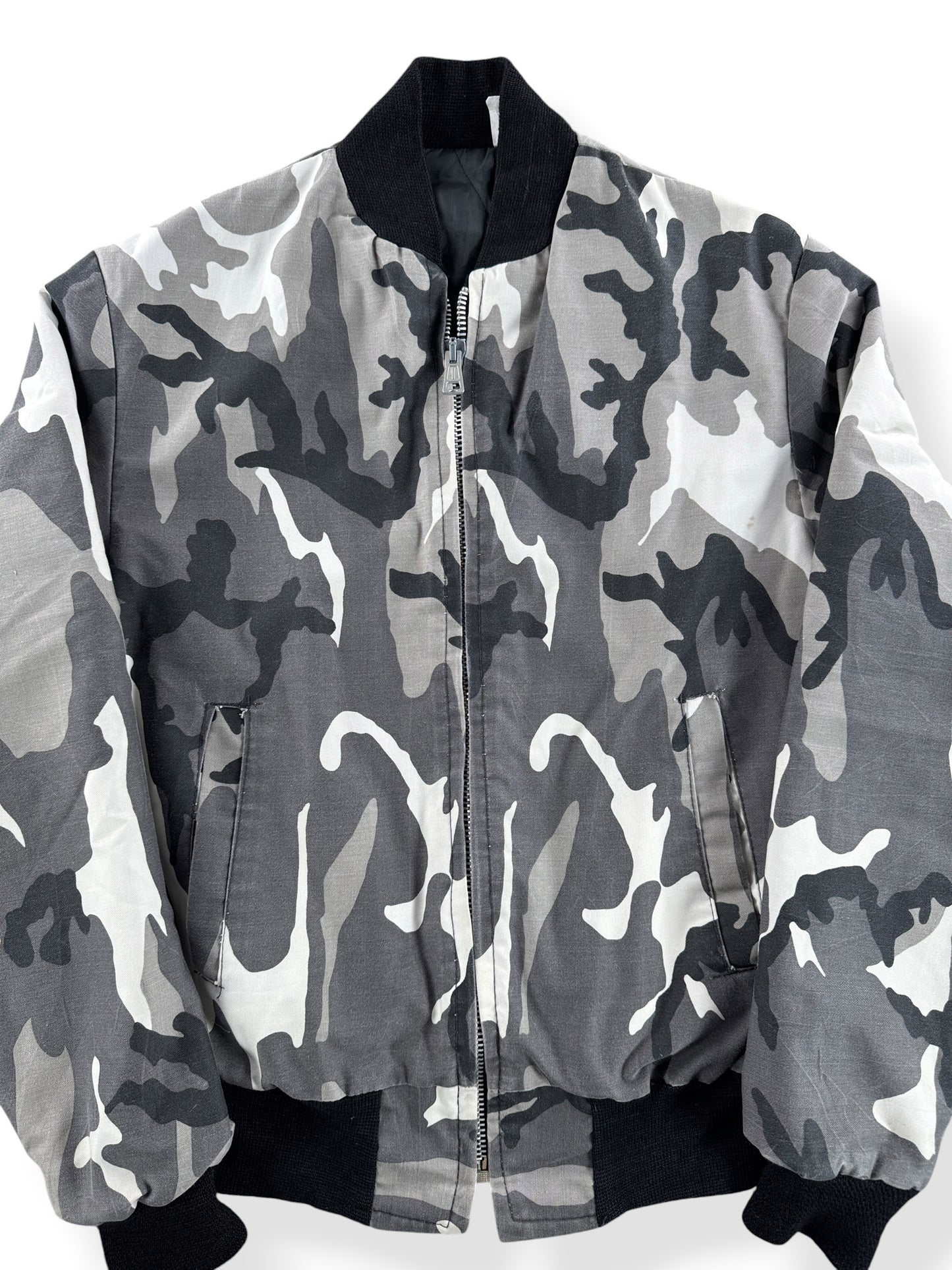 Front Close Up of Vintage Snow Camo Bomber Jacket SZ S