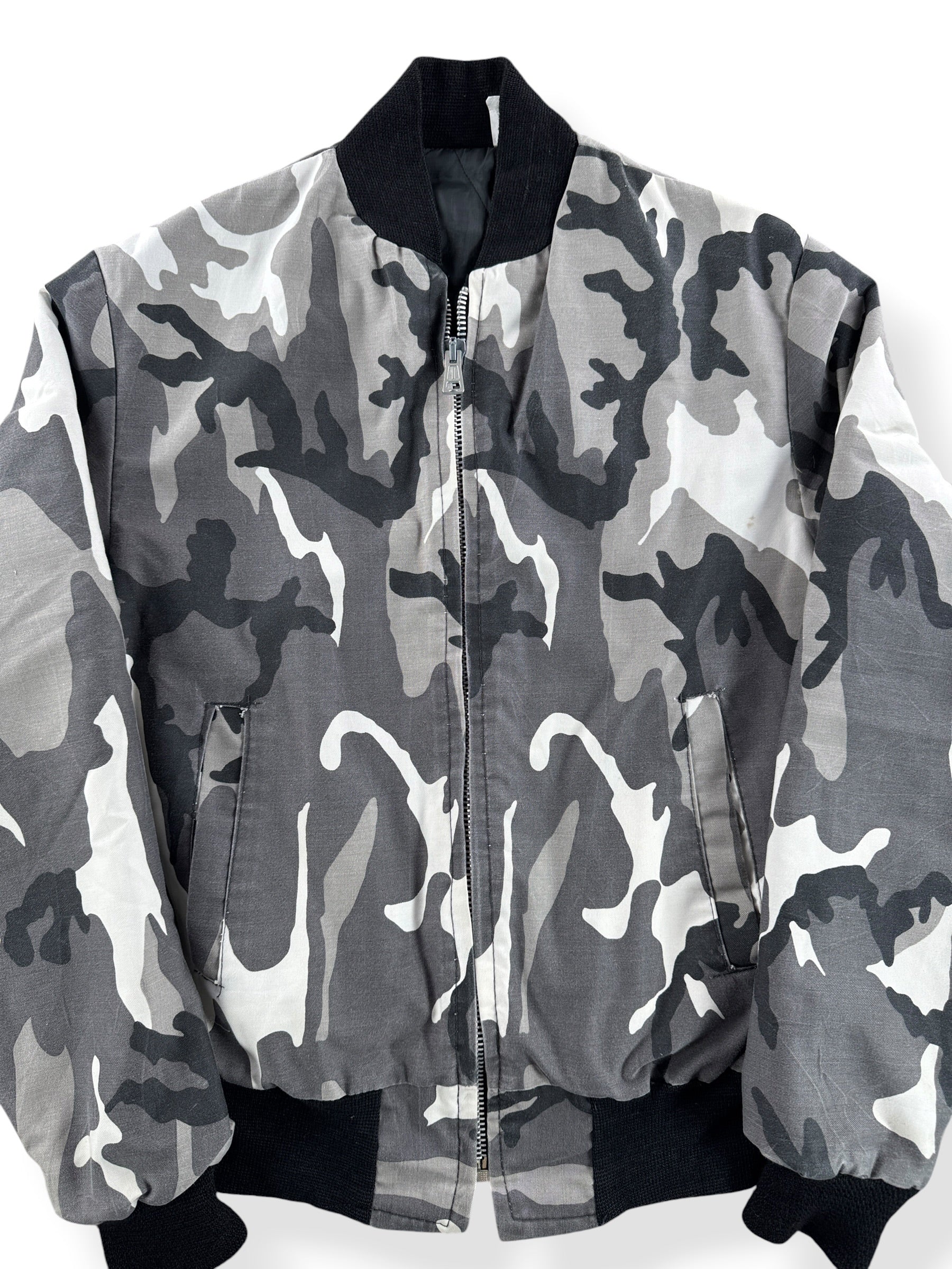 Front Close Up of Vintage Snow Camo Bomber Jacket SZ S