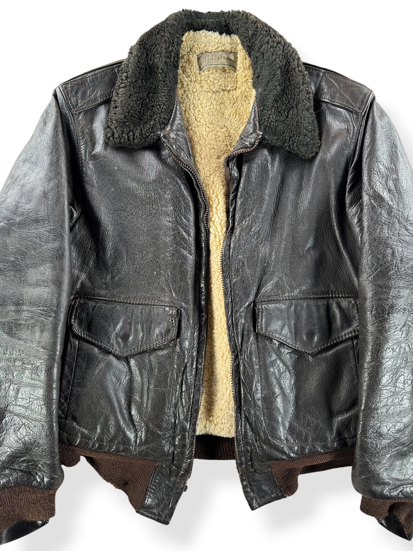 Front Close Up of Vintage LL Bean Leather Bomber Jacket SZ L - AS IS