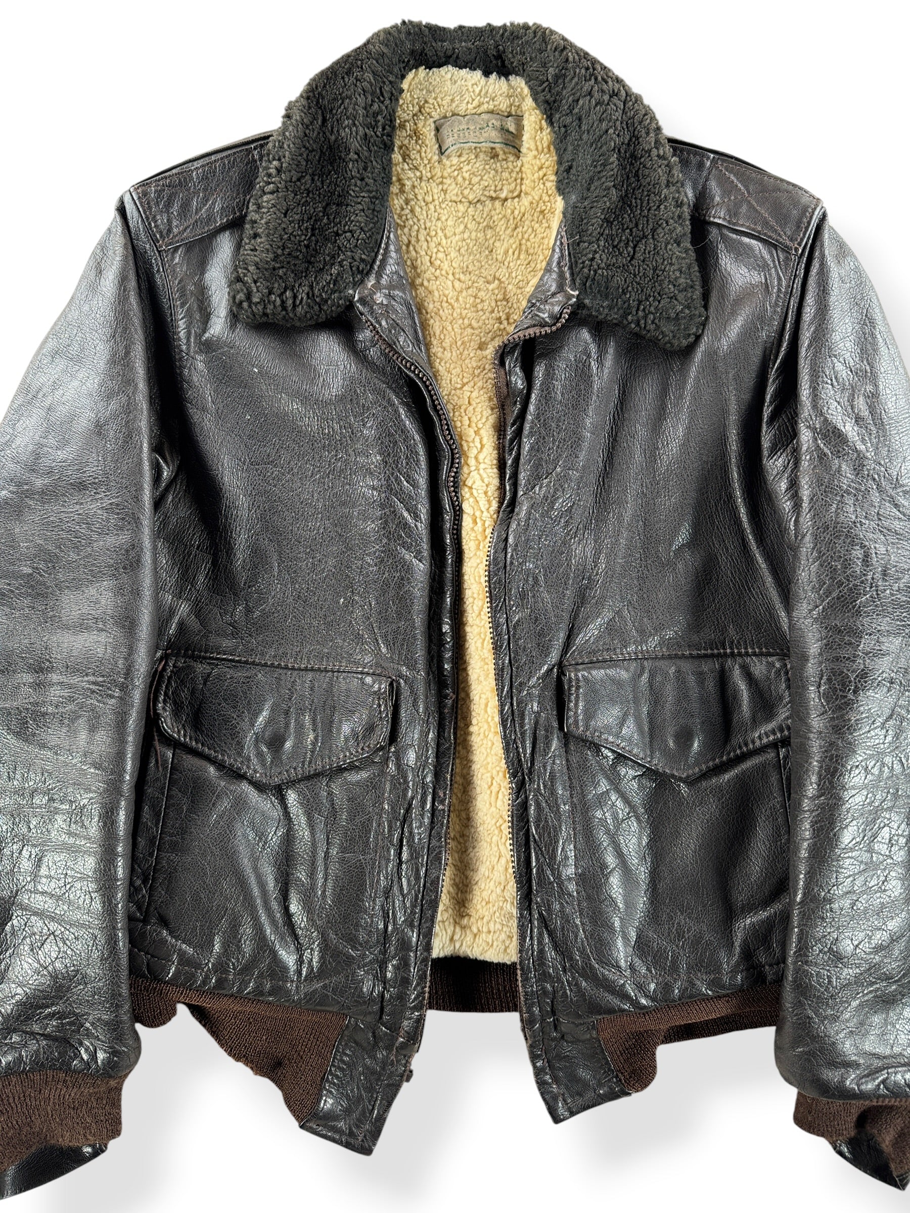 Front Close Up of Vintage LL Bean Leather Bomber Jacket SZ L - AS IS