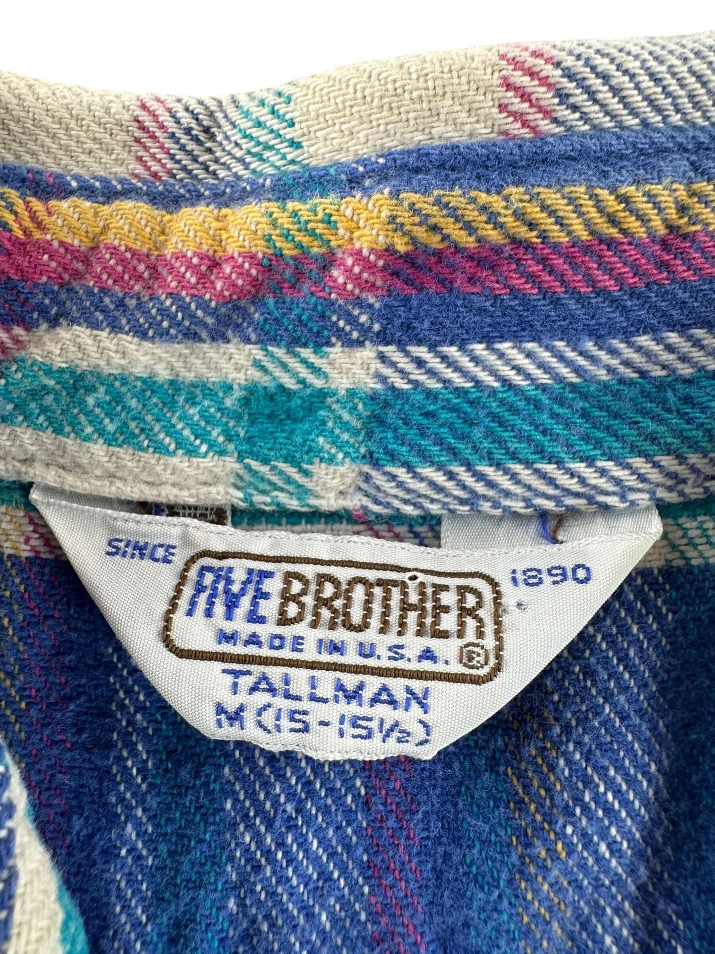 Label on Vintage 5 Brother Blue White Pink Plaid Flannel SZ M
