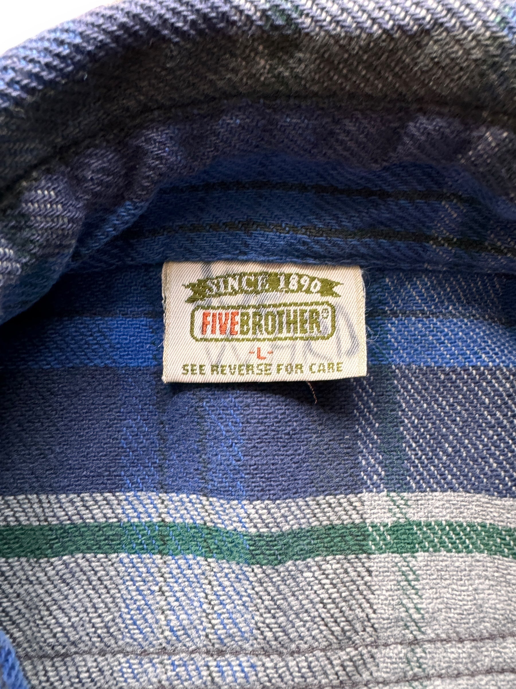 tag on Vintage Five Brothers Green/Blue Cotton Flannel SZ L