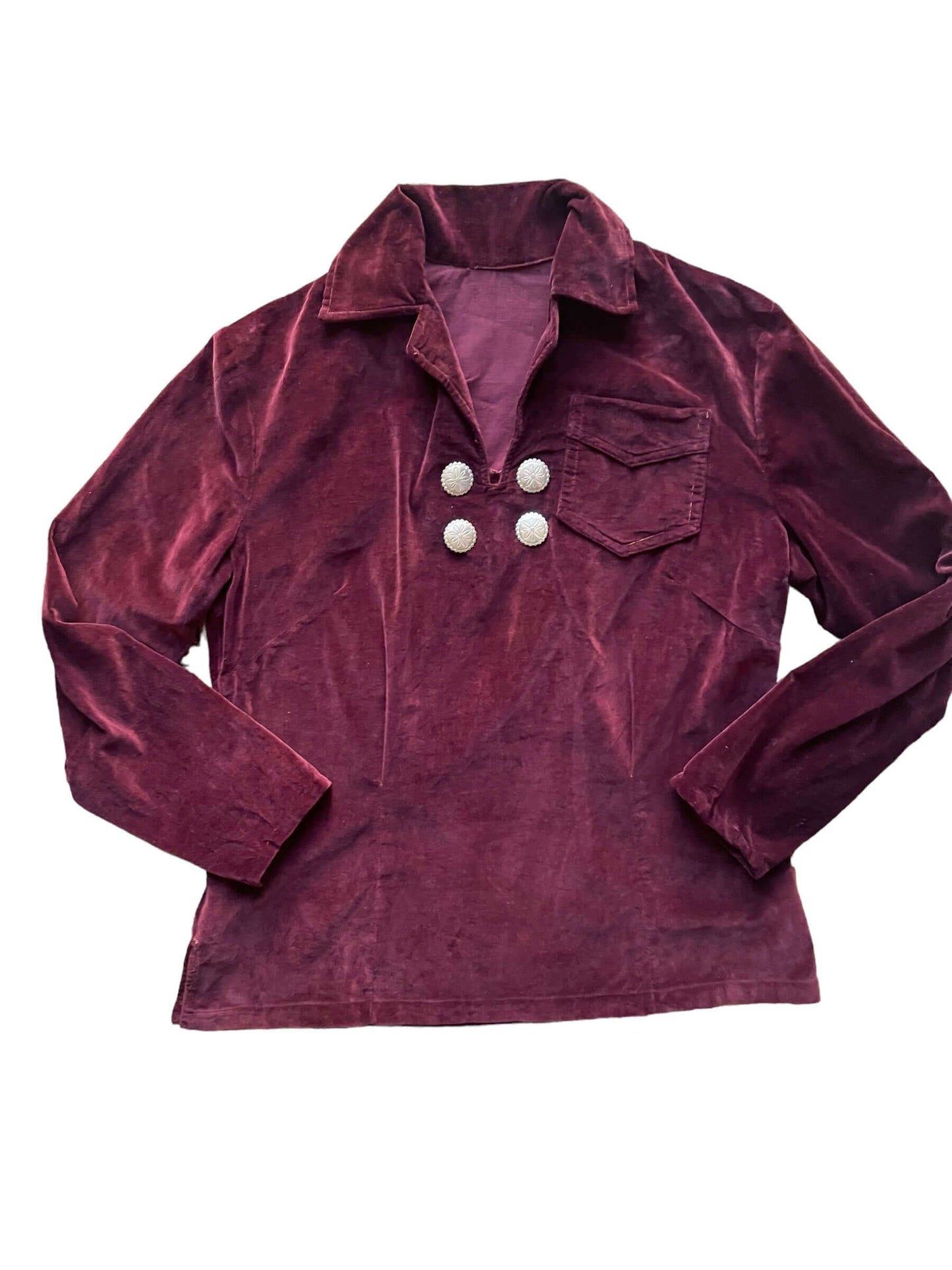 Front 1950s Burgundy Velvet Top with Silver Concho Buttons