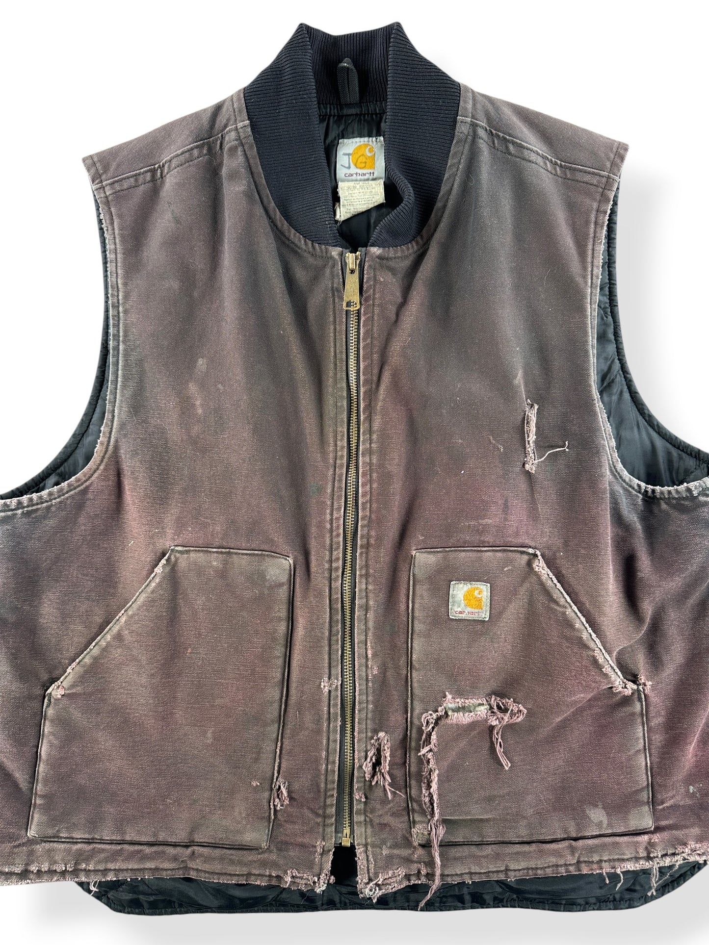 Front Close Up of Vintage Thrashed Brown Carhartt Vest SZ XL