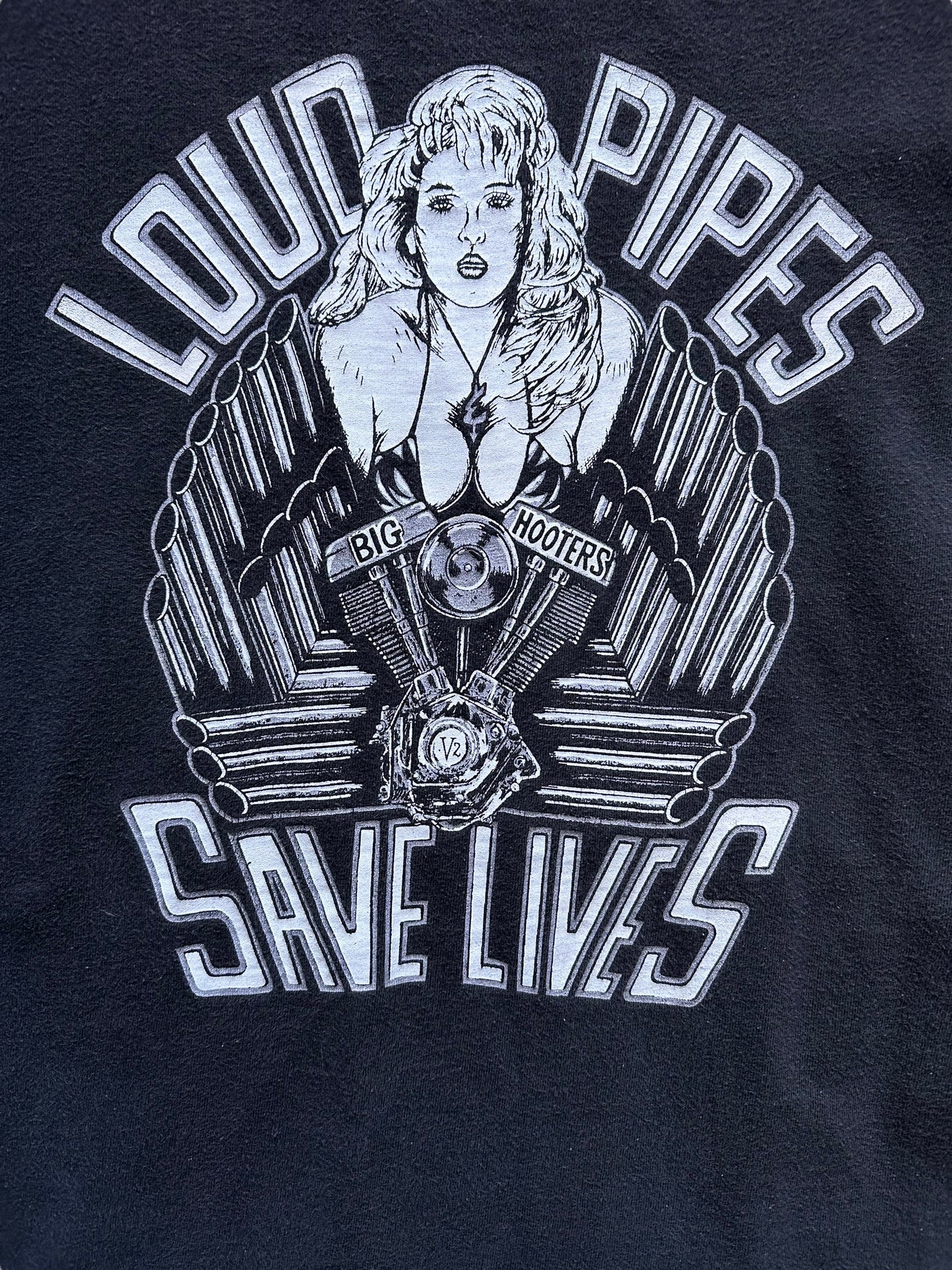 Front Detail on Vintage Loud Pipes Save Lives Tacoma Twin V Harley Tee SZ XXL | Vintage Harley Tee Seattle | Barn Owl Vintage Clothing