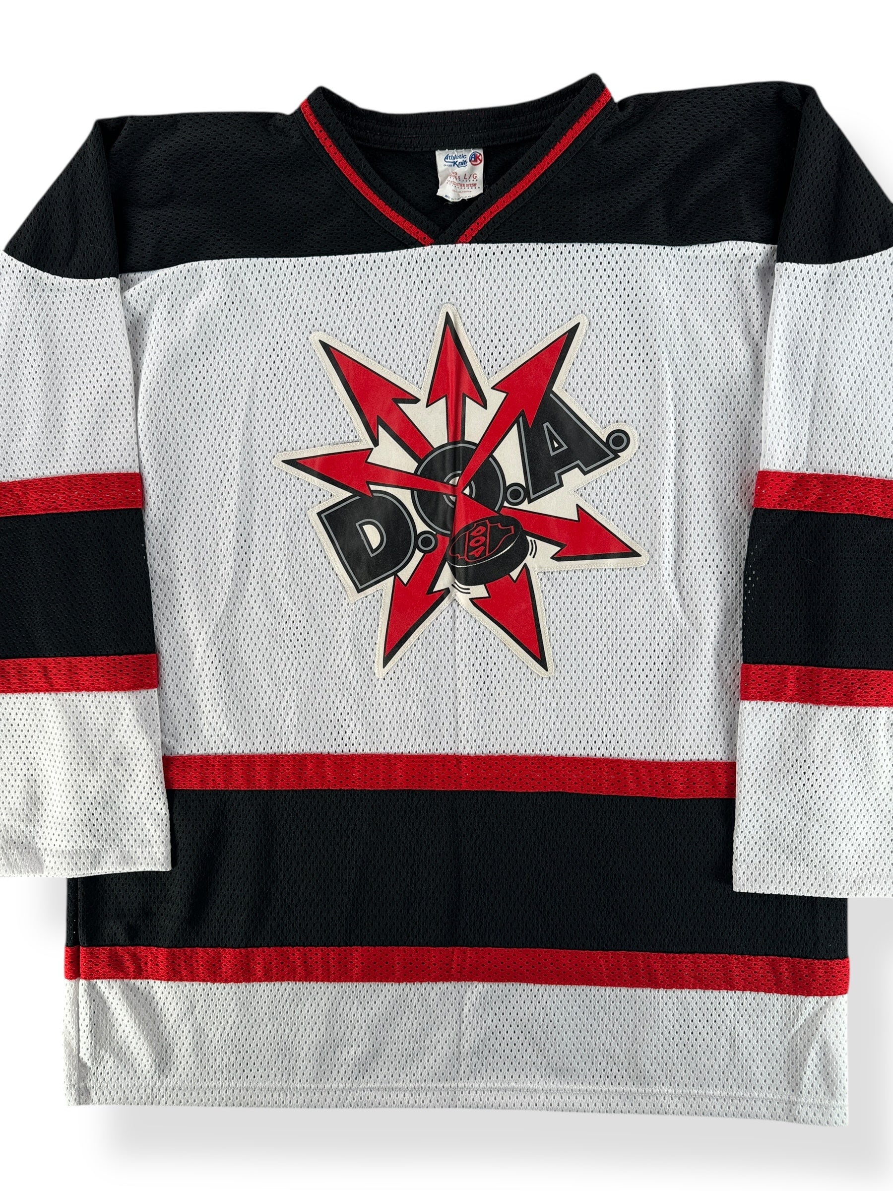 Front Close Up of Vintage 90s Era DOA Canadian Punk Hockey Jersey SZ L