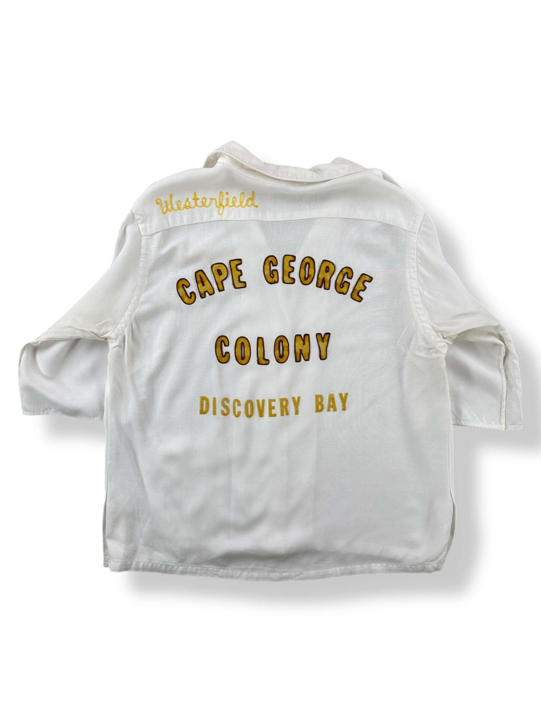 Back of Vintage Cape George Colony Discovery Bay Bowling Shirt SZ 36