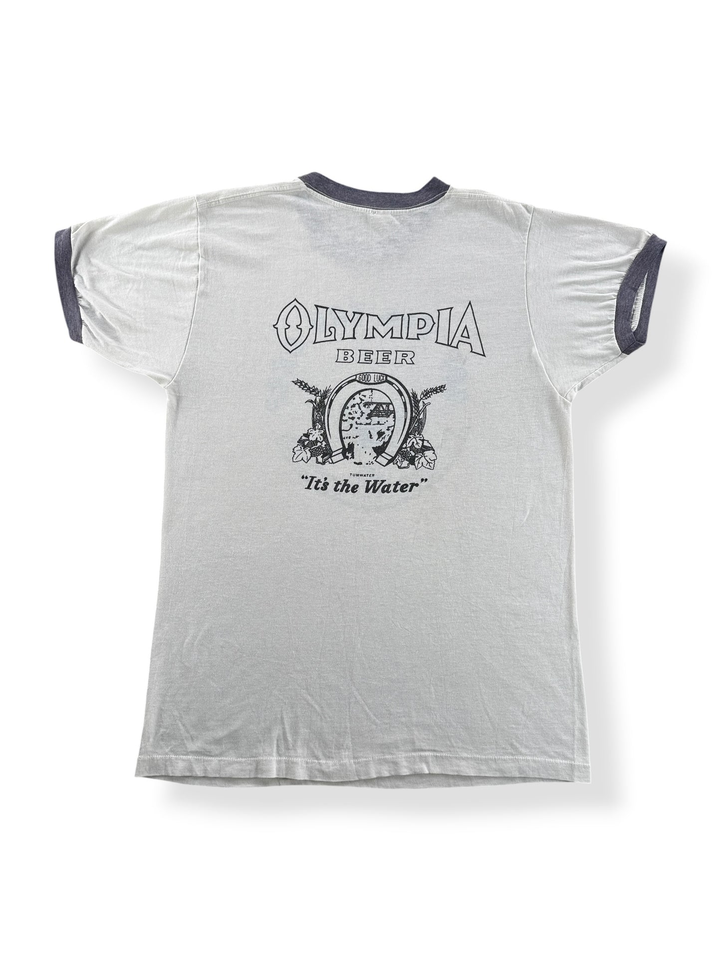 Back of Vintage 70s Era Bop Til You Drop Olympia Beer Ringer Tee SZ S