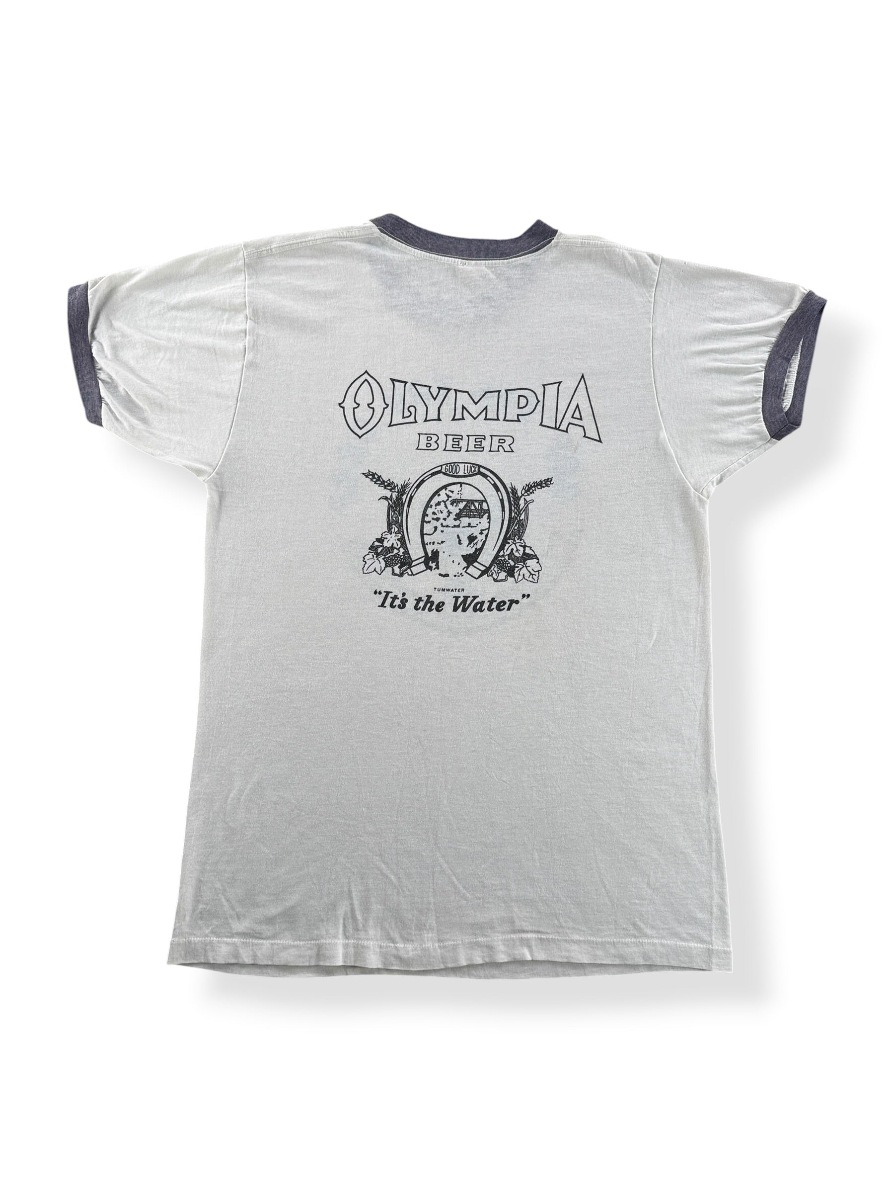 Back of Vintage 70s Era Bop Til You Drop Olympia Beer Ringer Tee SZ S