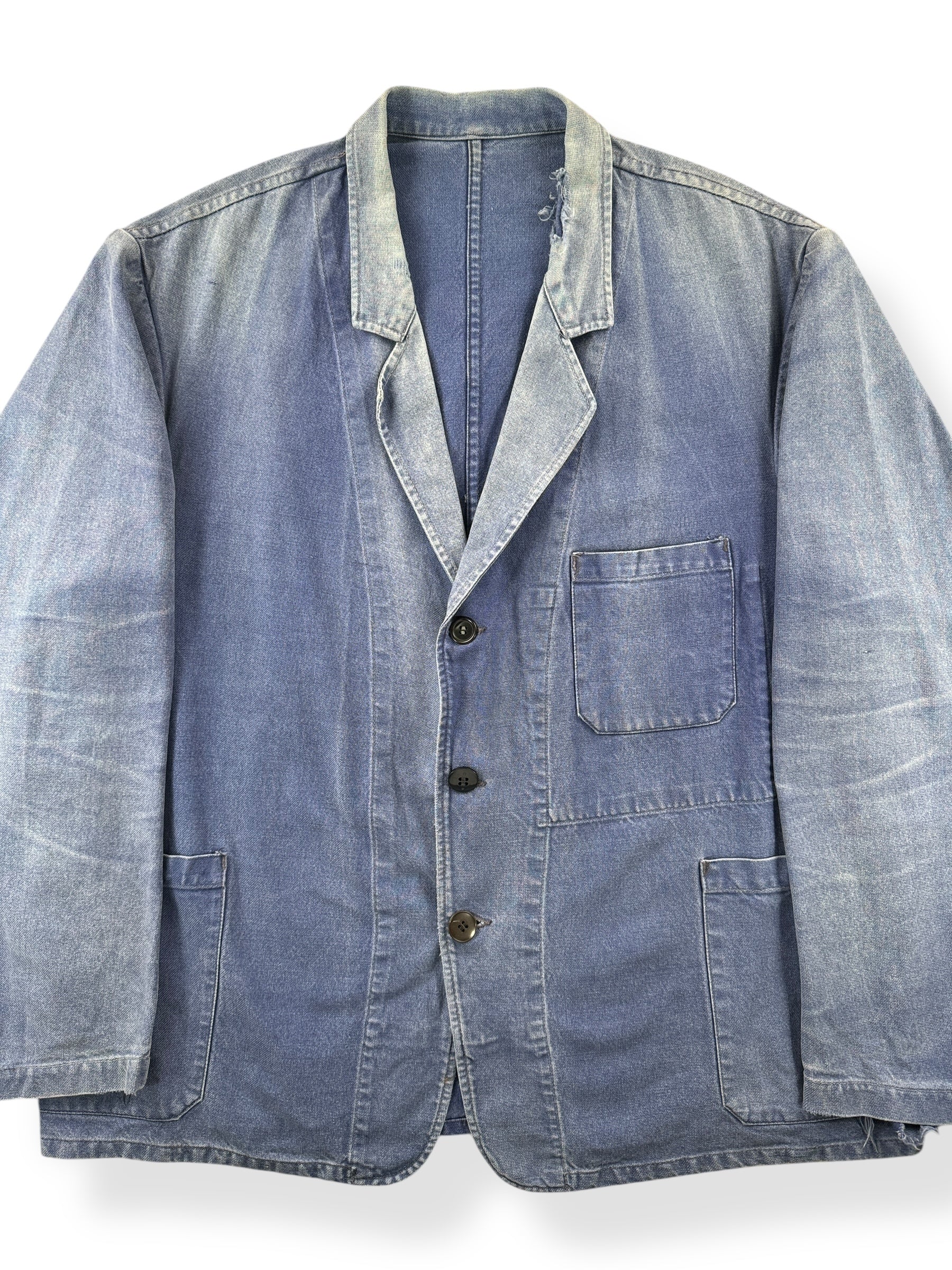 Front Close Up of Vintage Sunfaded 50's Era French Chore Coat SZ XL