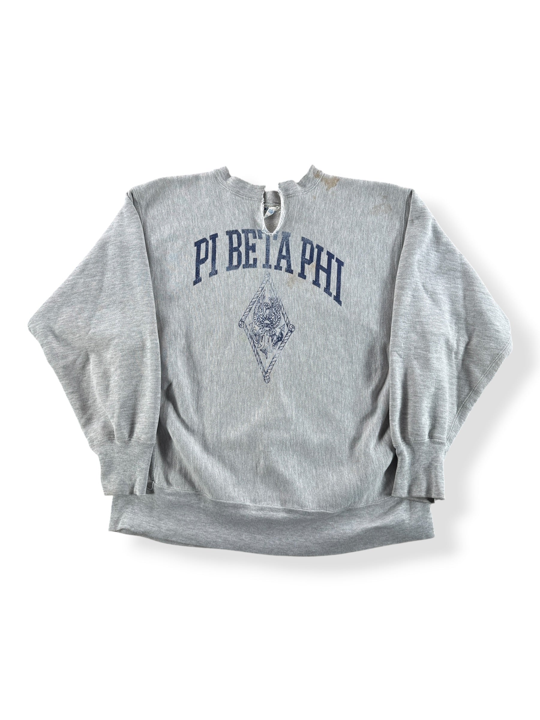 Front of Vintage 80s Thrashed Frat Champion Reverse Weave Crewneck SZ L