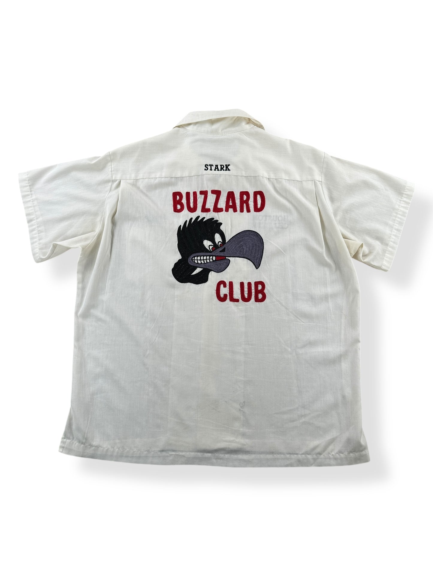 Back of Vintage Hilton Buzzard Club Chainstitched Bowling Shirt SZ L