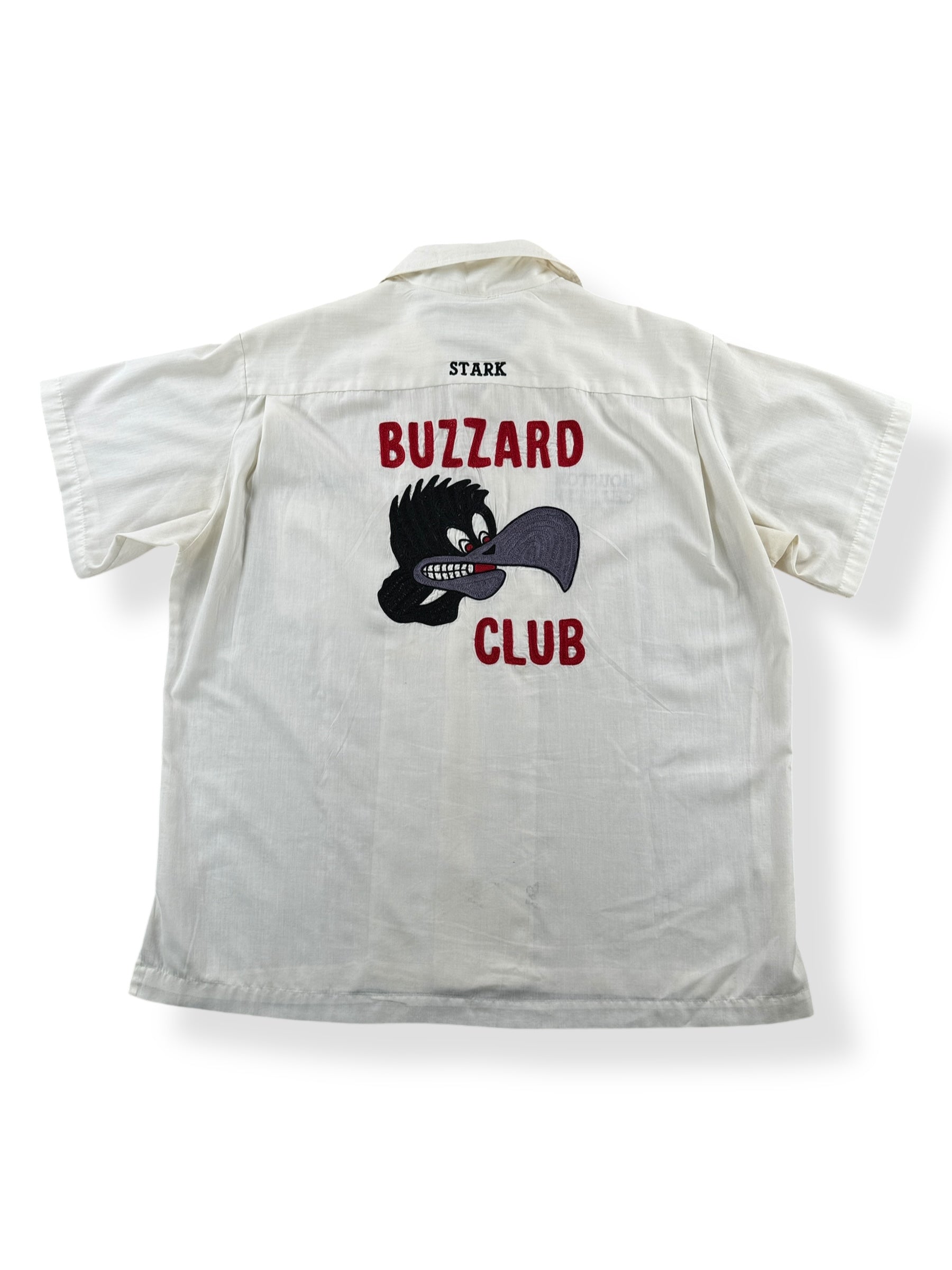 Back of Vintage Hilton Buzzard Club Chainstitched Bowling Shirt SZ L