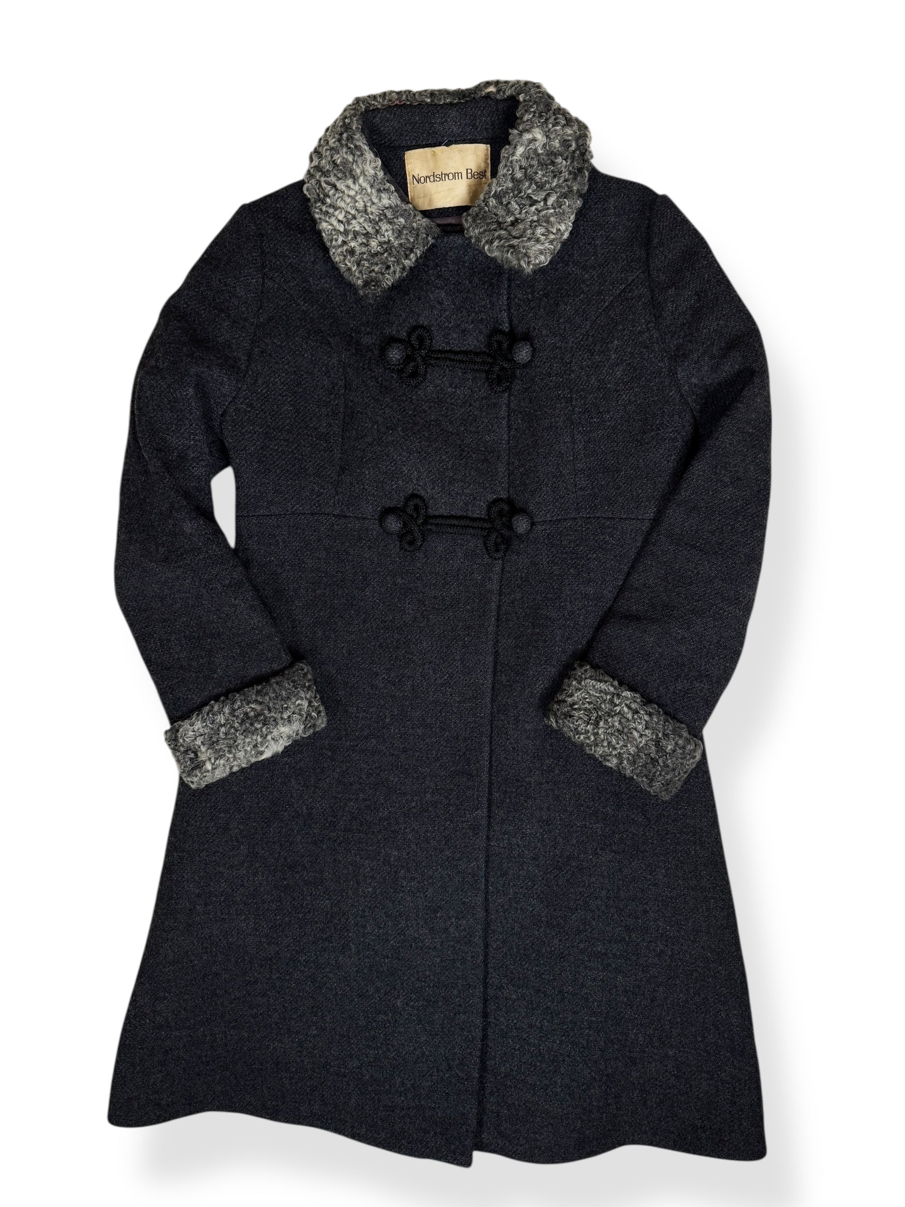 Front view of 1960s Nordstrom's Wool and Lamb's Fur Coat M-L