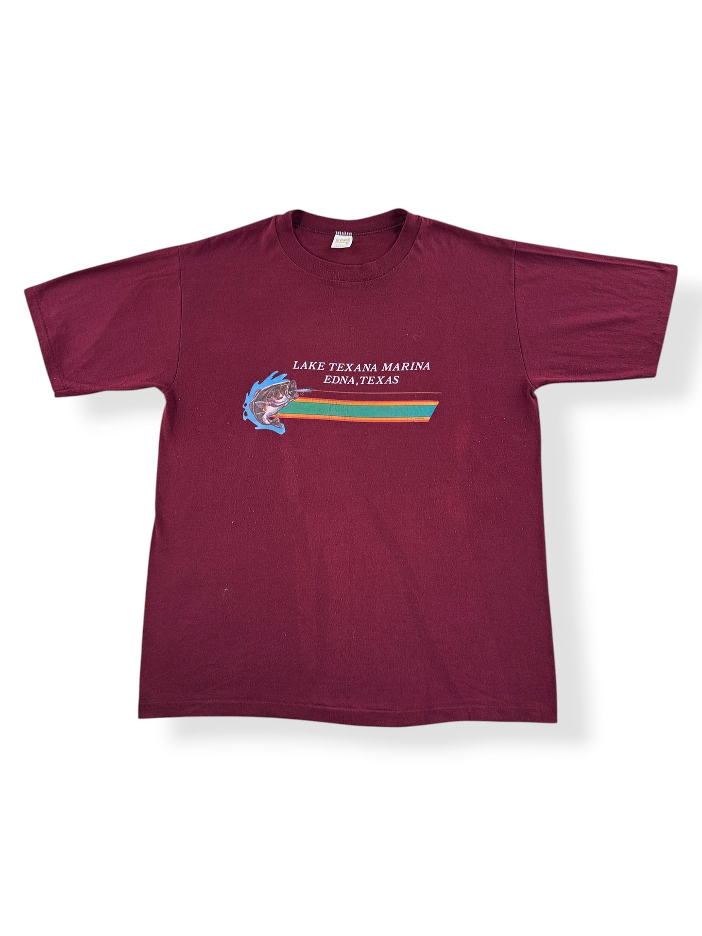 Front of Vintage Lake Texana Marina Iron-On Tee SZ XL (Fits L)