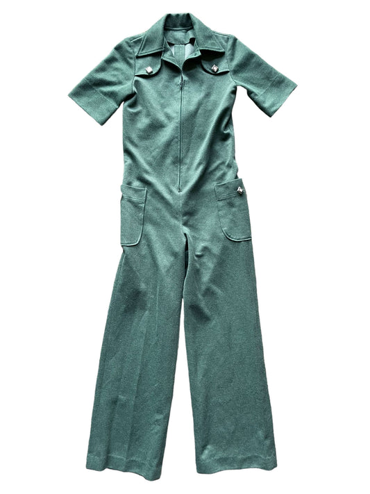 Front view of 1970s Green Polyester Jumpsuit XS