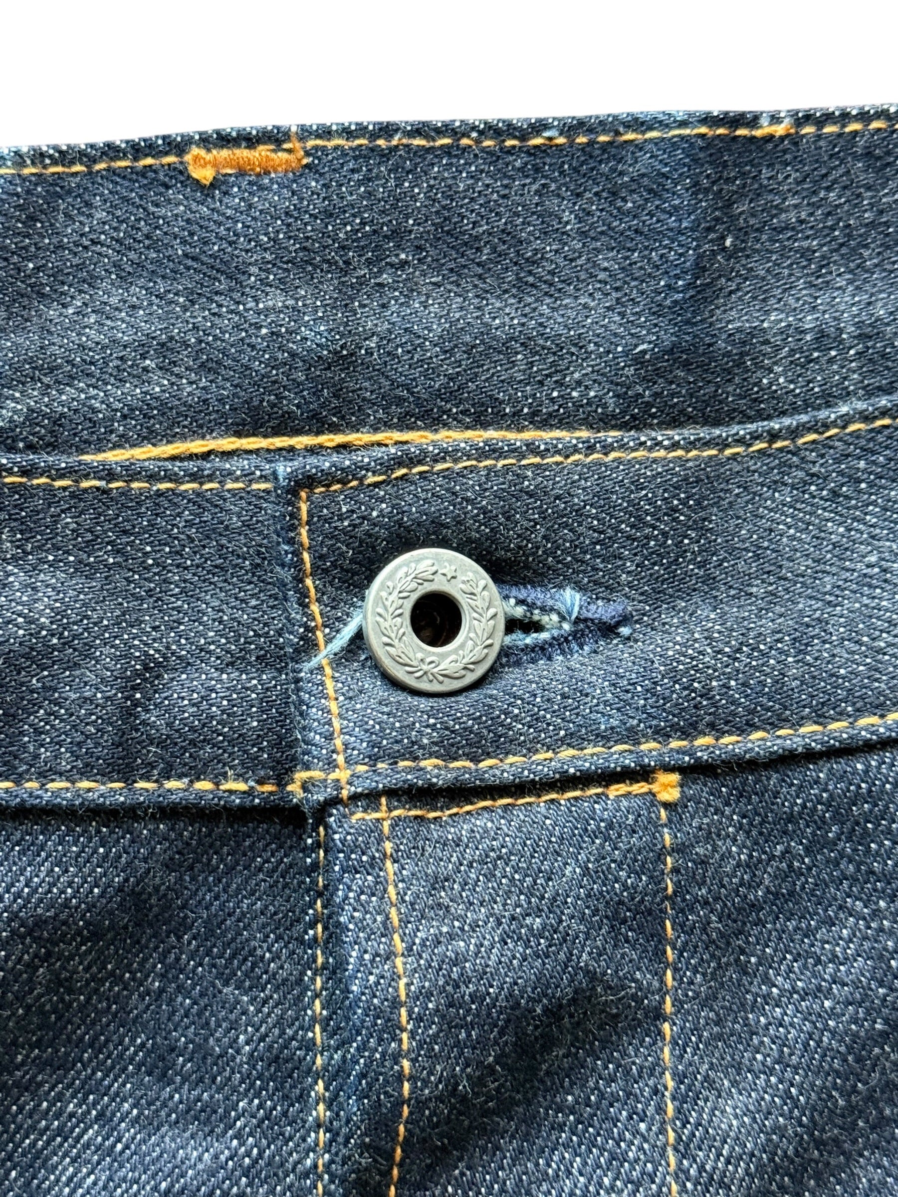 Laurel wreath button on Red Tornado Japanese Selvedge Denim W33