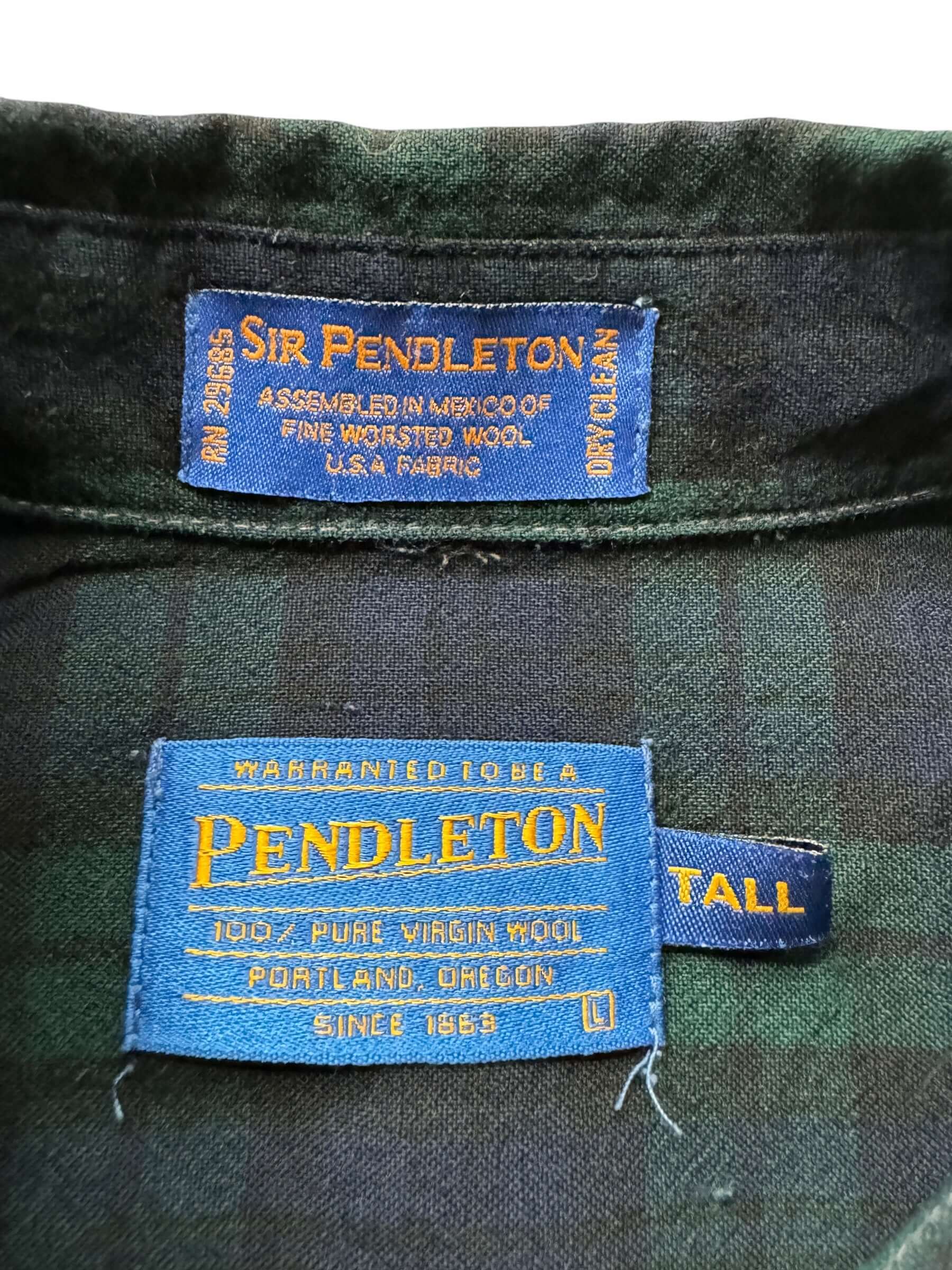 tag on Vintage Pendleton Green Plaid Worsted Wool Flannel SZ L Tall