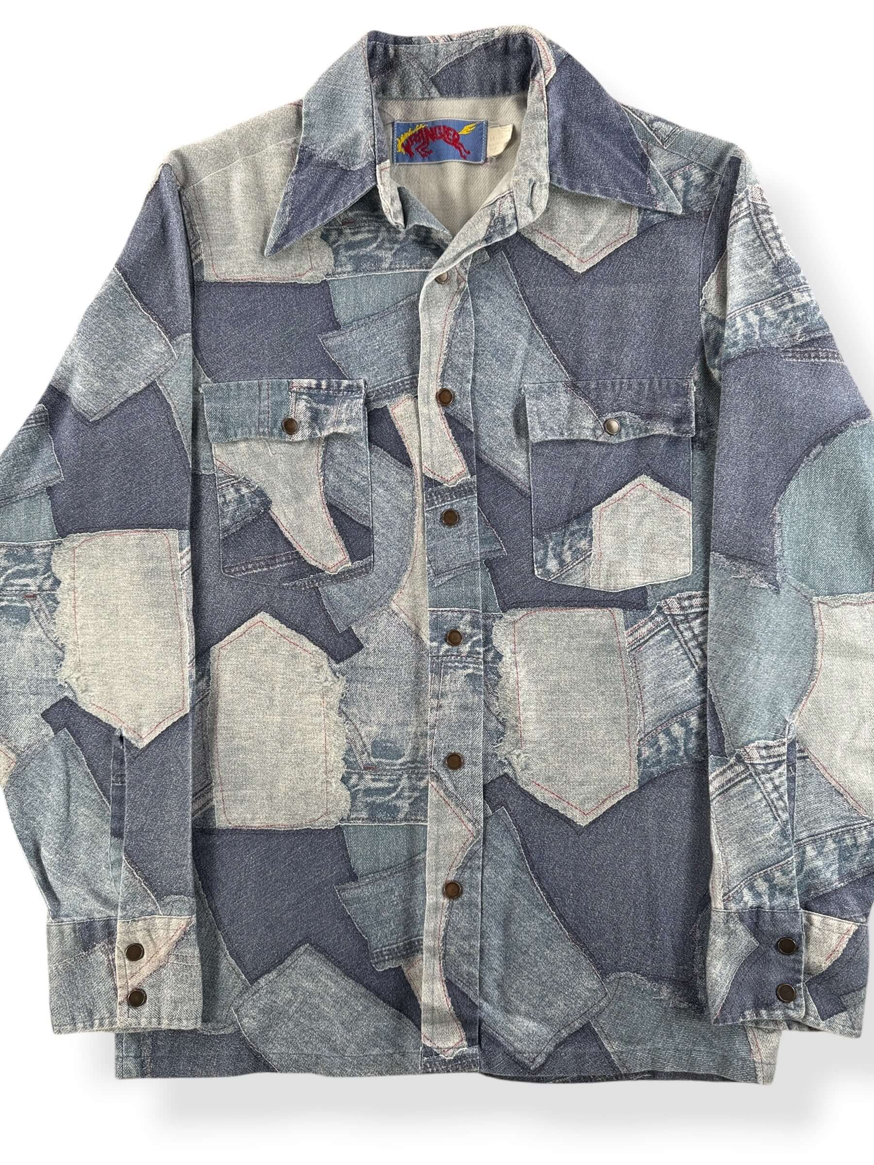 Front Close Up of Vintage Wrangler Printed Denim Shirt SZ S