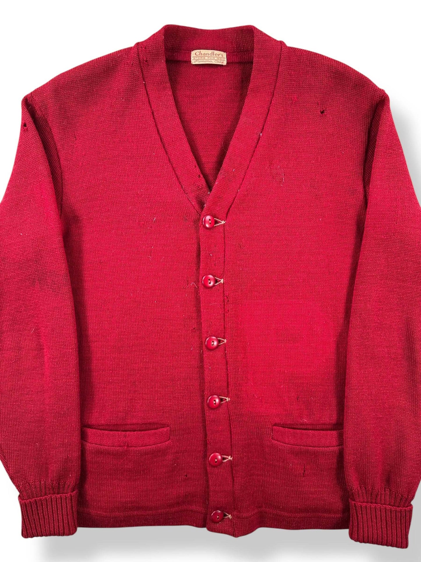 Front Close Up of Vintage Chandler's Store For Men Wool Cardigan SZ S AS IS