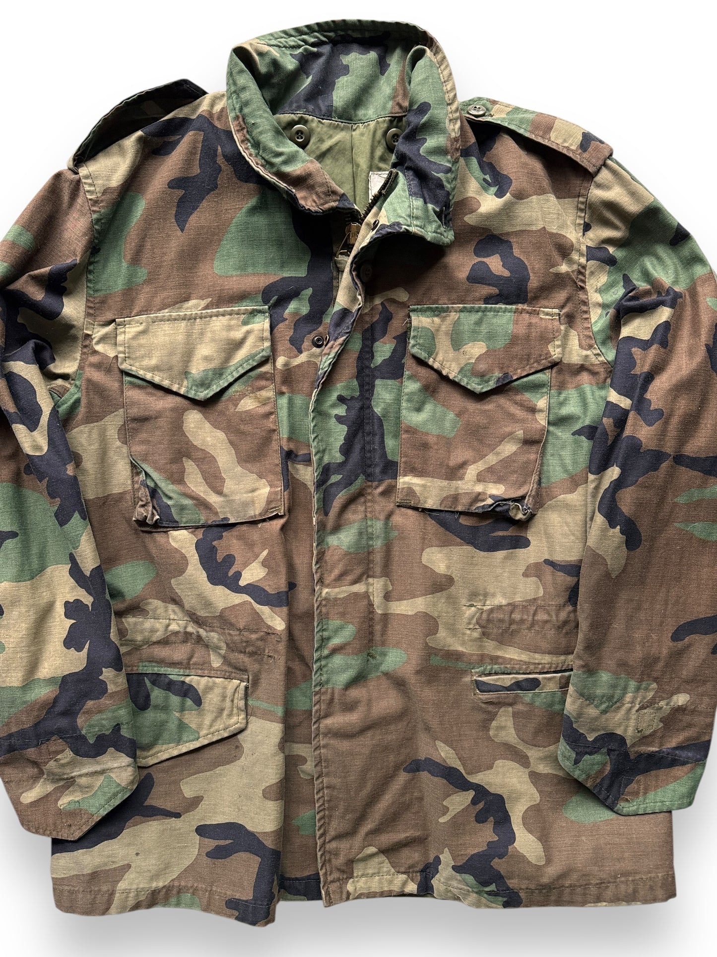 front close up of Vintage Woodland Camo Field Jacket SZ L