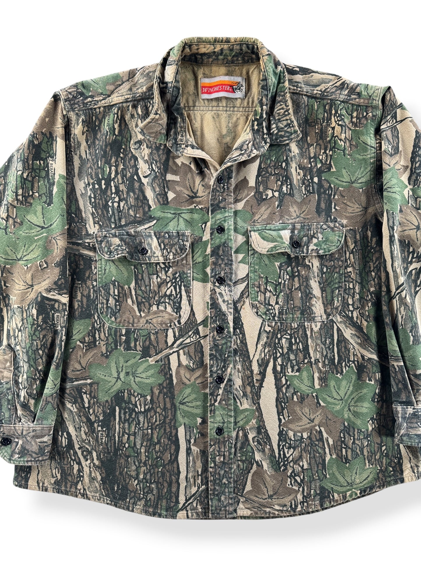 Front Close Up of Vintage Winchester Chamois Cloth Camo Shirt SZ XL