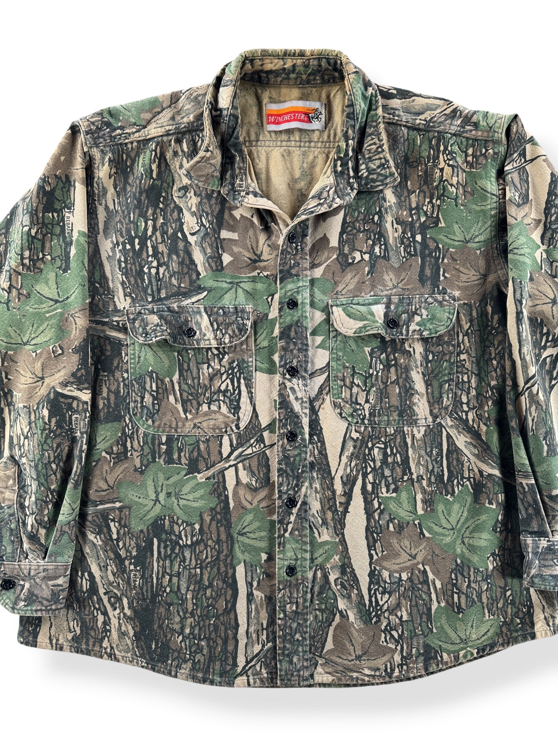 Front Close Up of Vintage Winchester Chamois Cloth Camo Shirt SZ XL