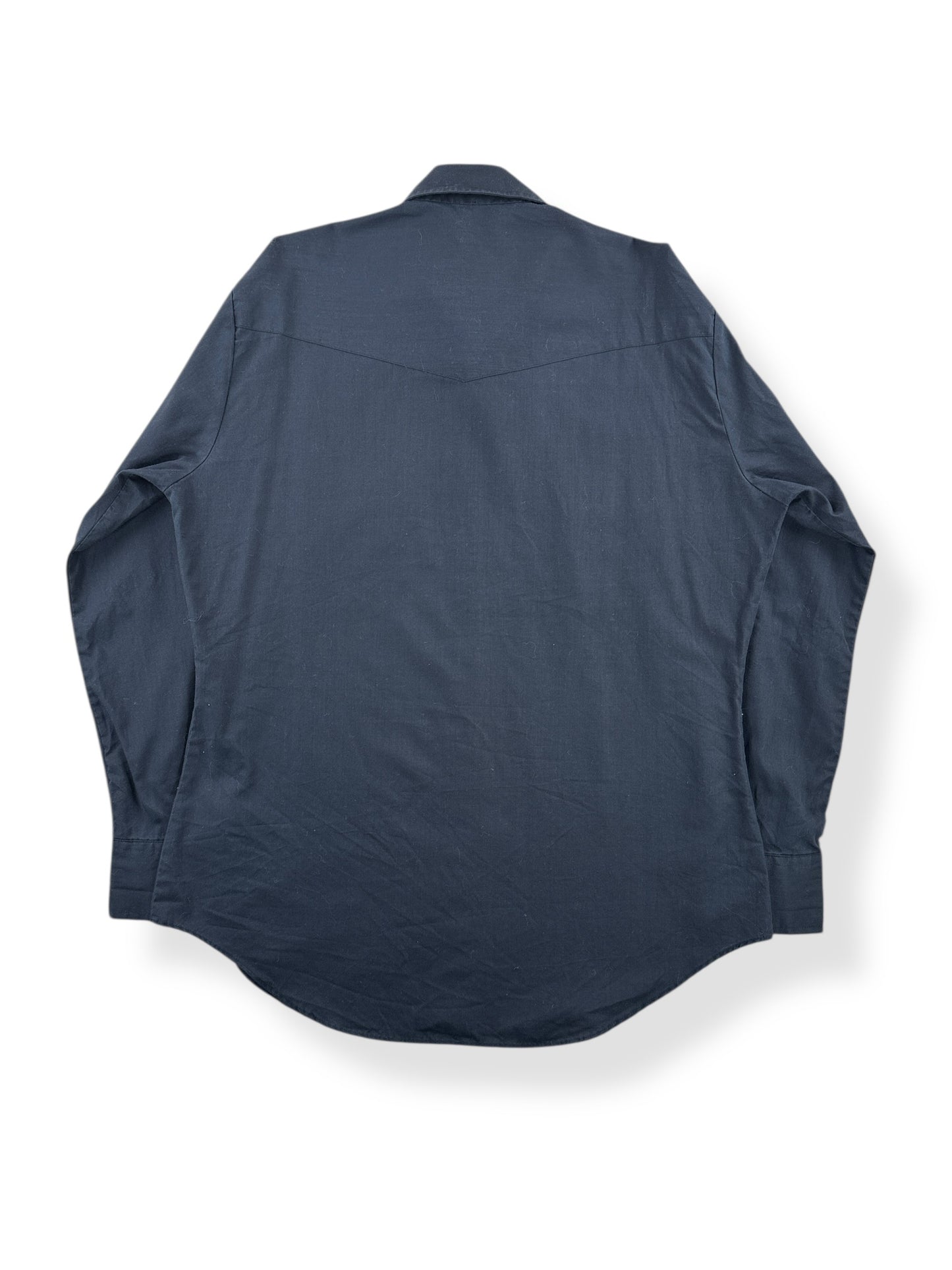 Back of Vintage Black Sunbelt Poly Cotton Pearl Snap Shirt SZ 16-34 (SZ L)