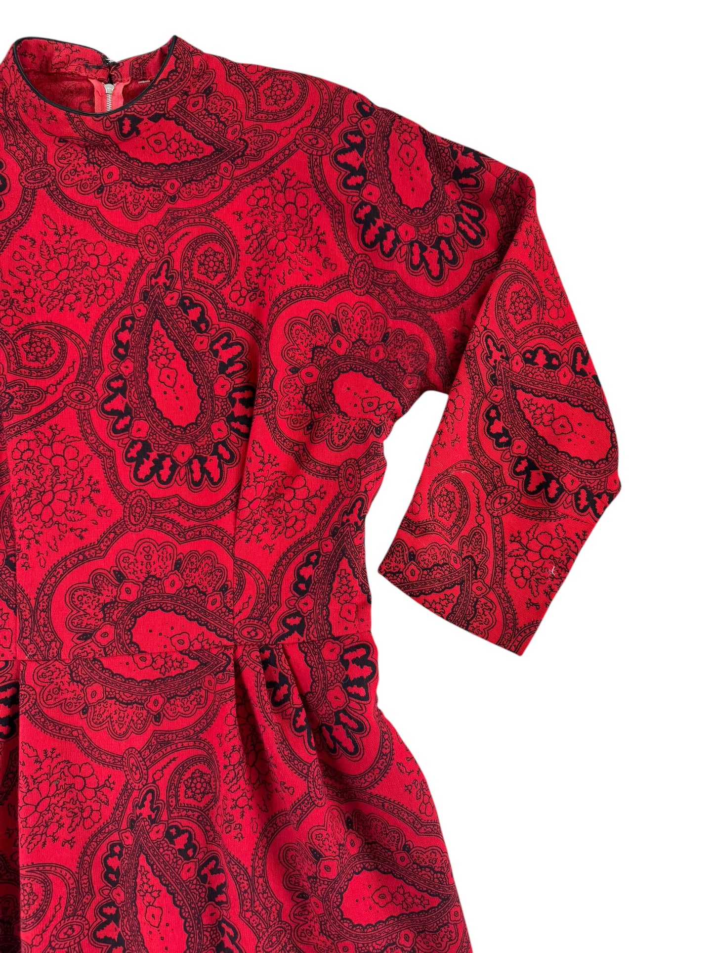 Front left shoulder view of 1950s Red Paisley Wiggle Dress M