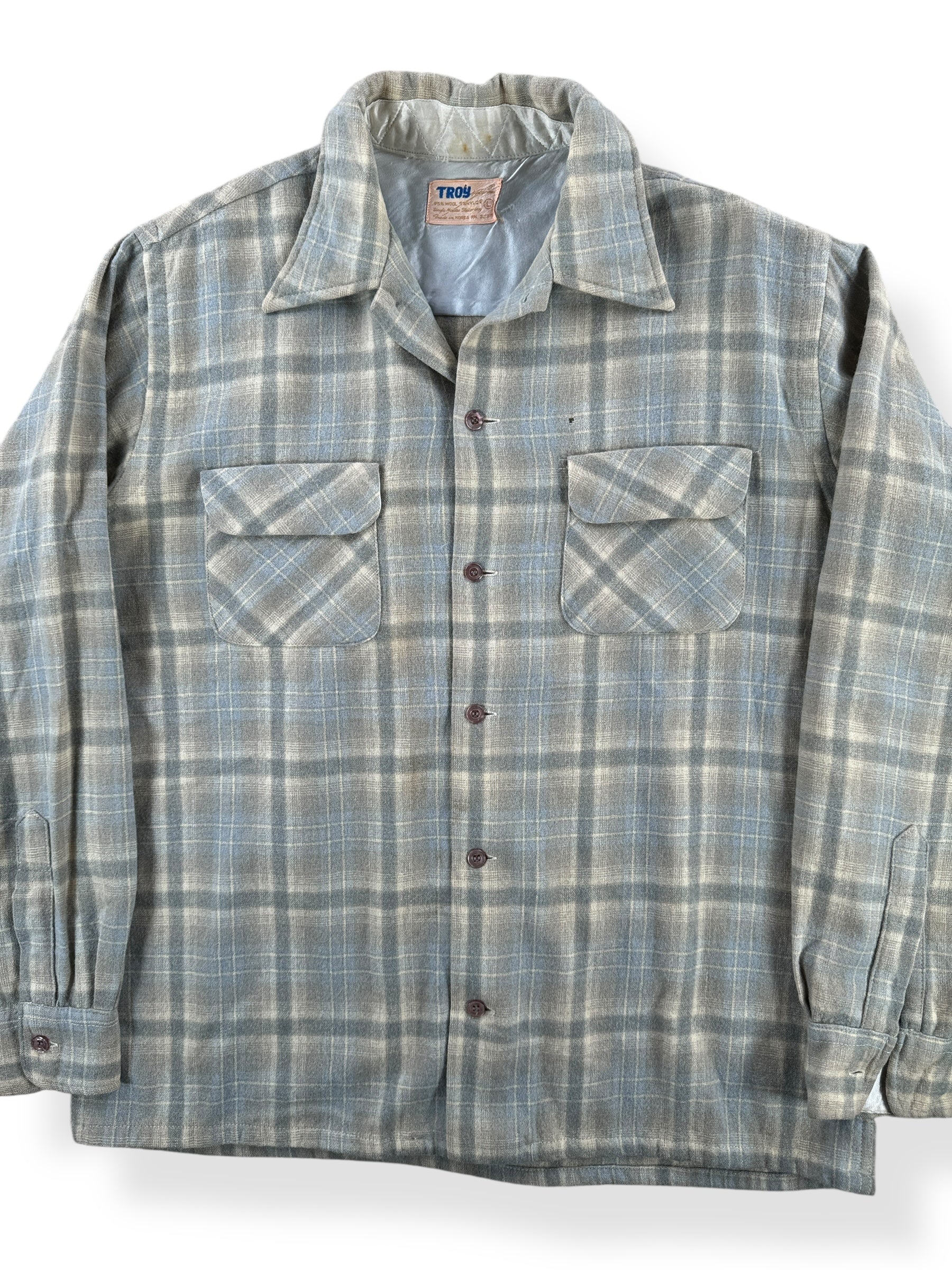 Front Close Up of Vintage Troy Wool Board Shirt SZ L