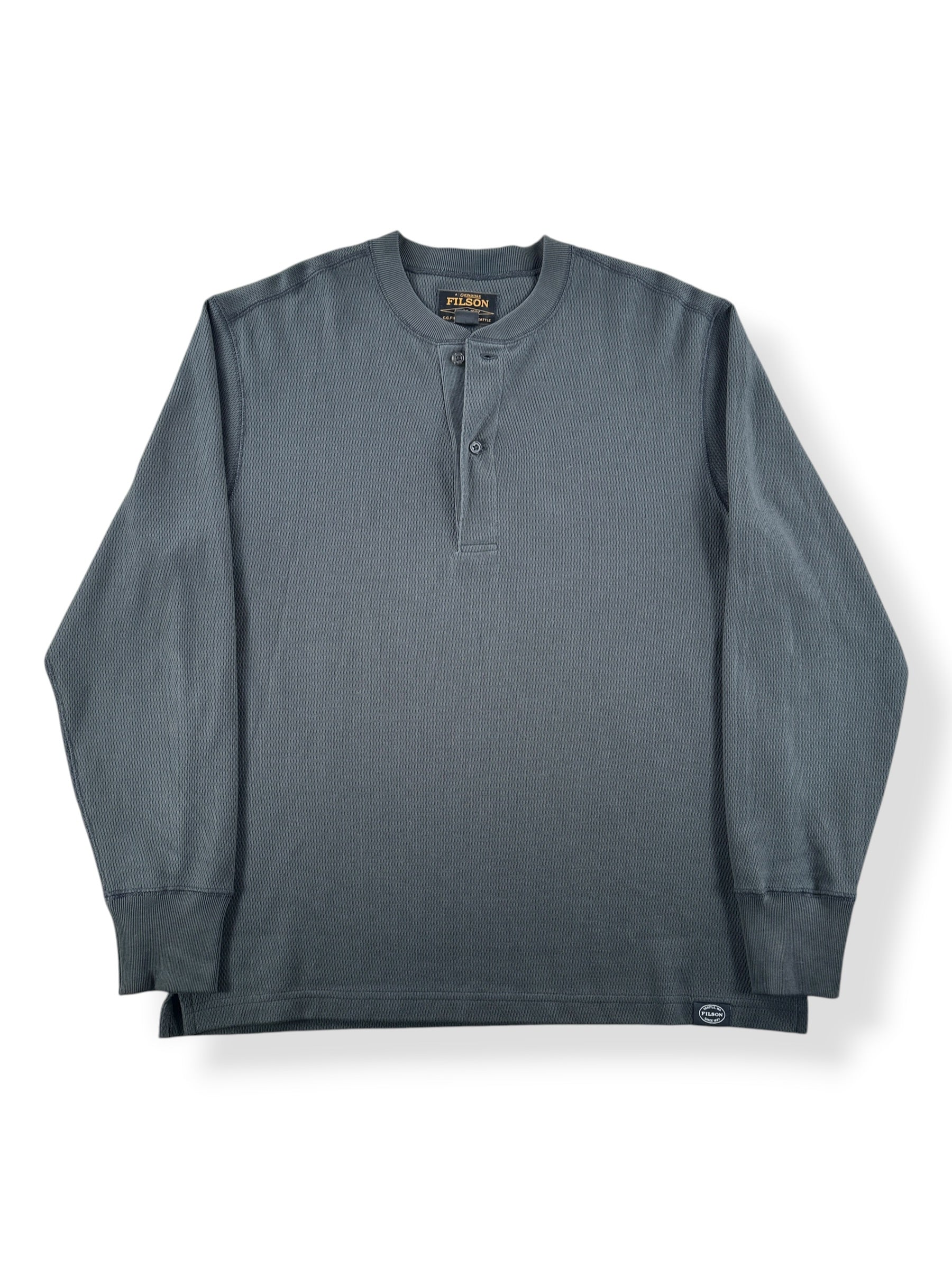 Front of Filson Faded Black Waffle Knit Henley SZ L