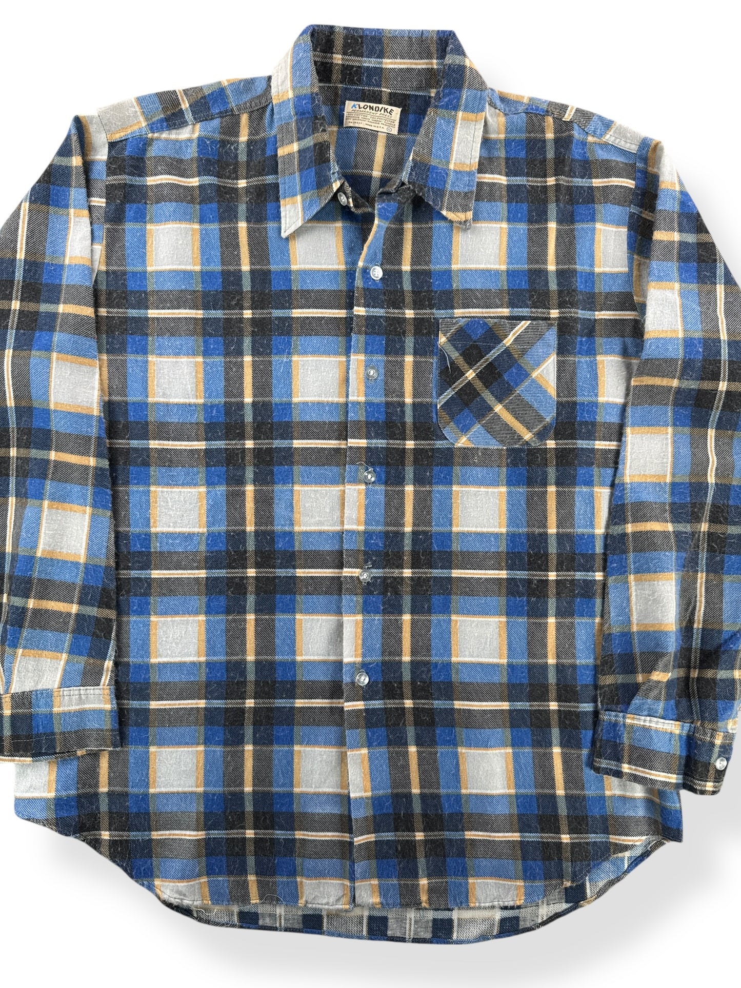 Front Close Up of Vintage Klondike Blue & Brown Flannel SZ XL