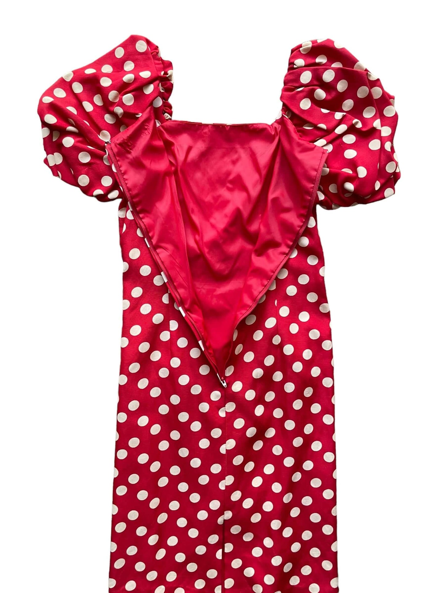 Open back view of 1980s Poofy Red Polka Dot Wiggle Dress M-L