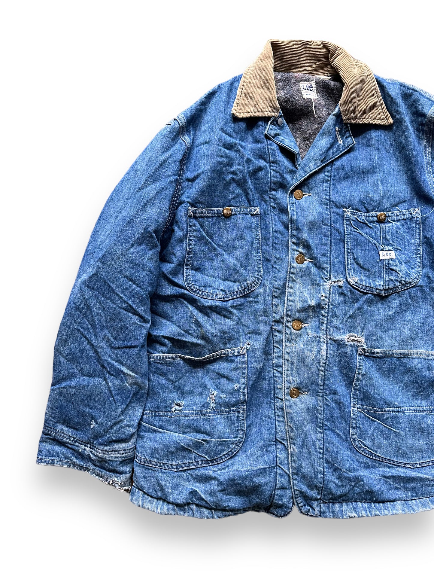 Front Right View of Vintage Blanket Lined Lee Denim Chore Jacket SZ XL| Vintage Denim Workwear | Seattle Vintage Workwear