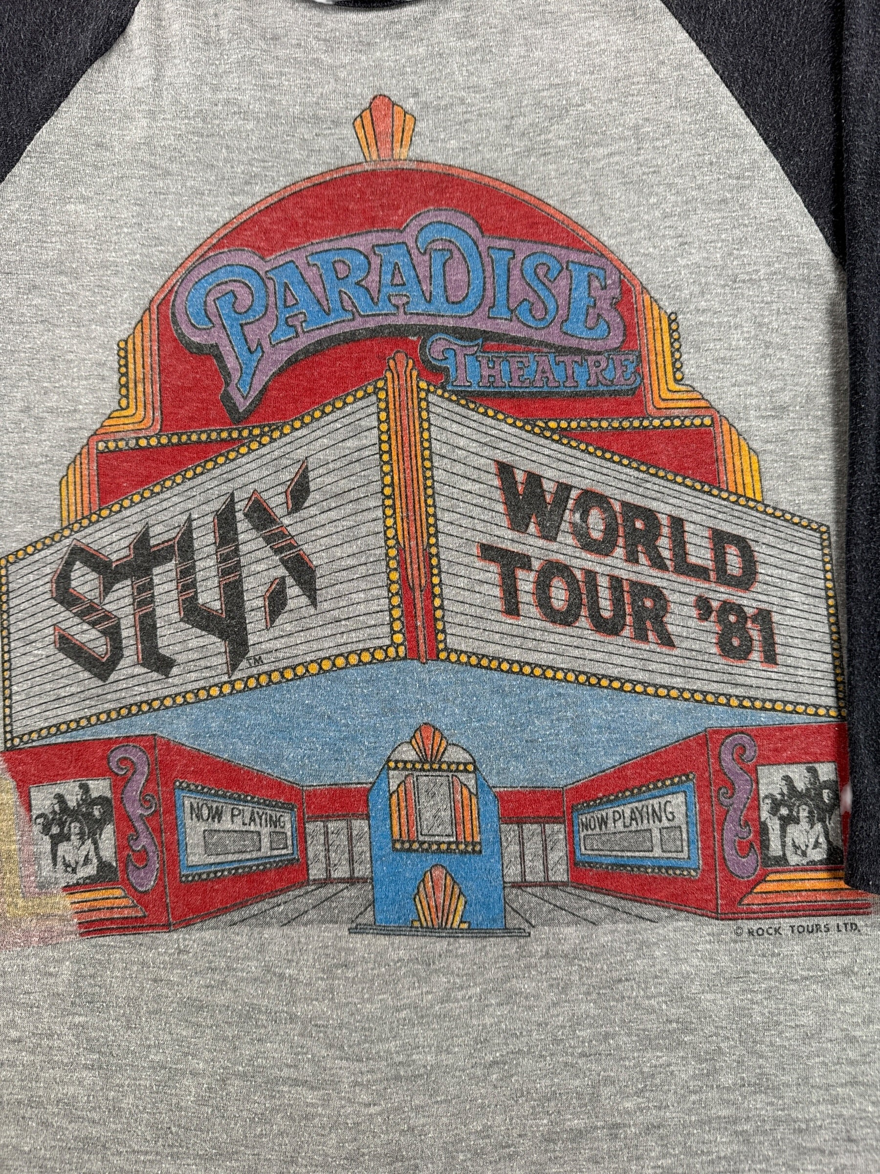 Graphic of Vintage Styx '81 World Tour Raglan Tee SZ L (Fits M)