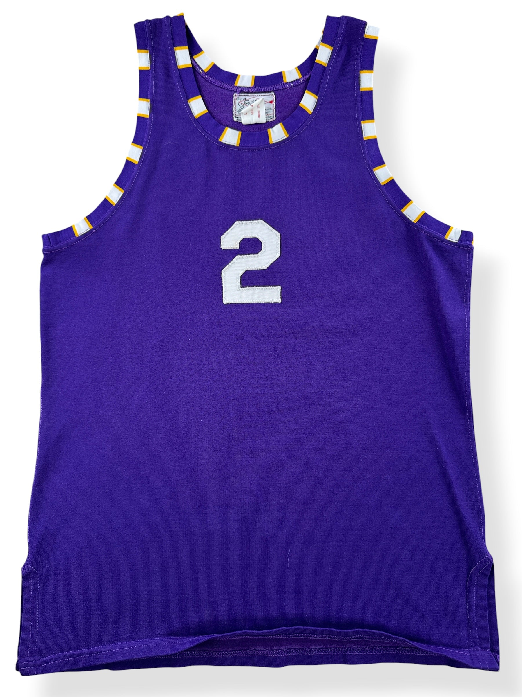 Close-up of Vintage Southland "2" Purple Tank Top Jersey SZ L (Fits M)