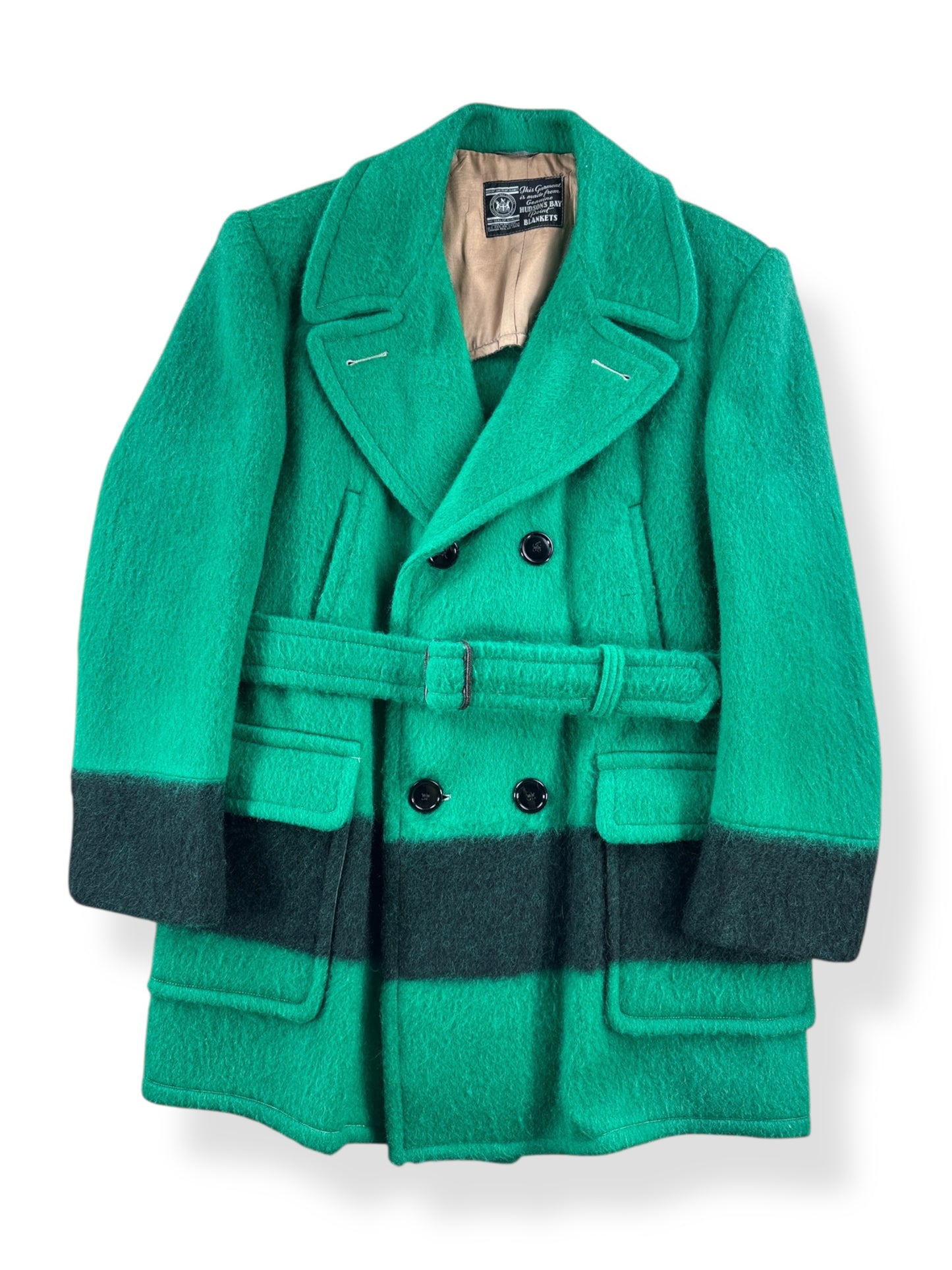 Front of Vintage Hudson's Bay Green Belted Point Blanket Coat SZ M