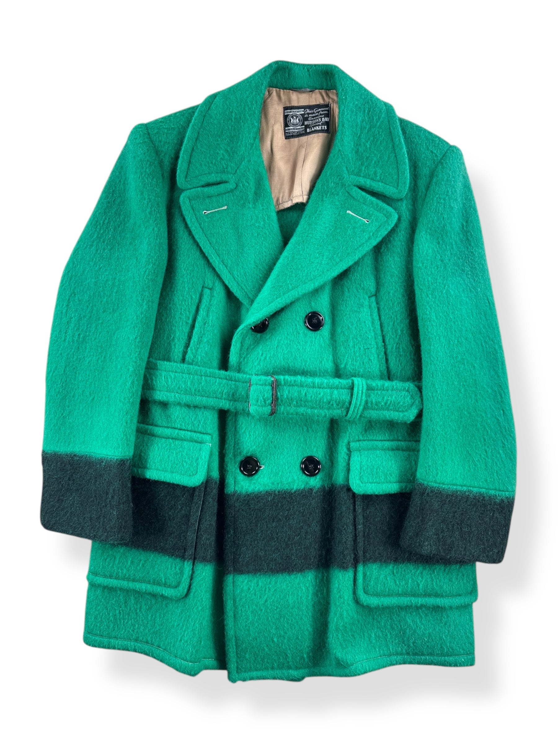 Front of Vintage Hudson's Bay Green Belted Point Blanket Coat SZ M