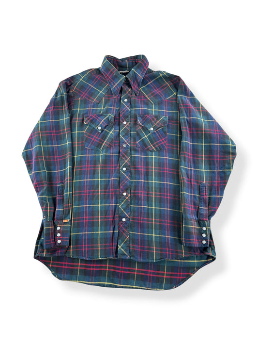 Front of Vintage Ely Plains Rider Flannel Pearlsnap SZ 16 1/2