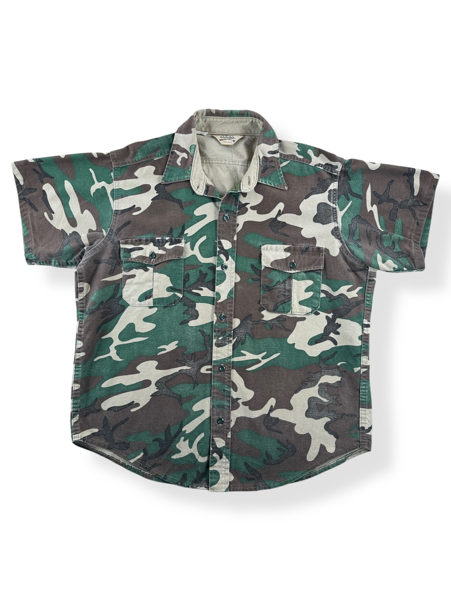 Front of Vintage 80s Cabela's Chamois Cloth Camo Button Up Shirt SZ XL