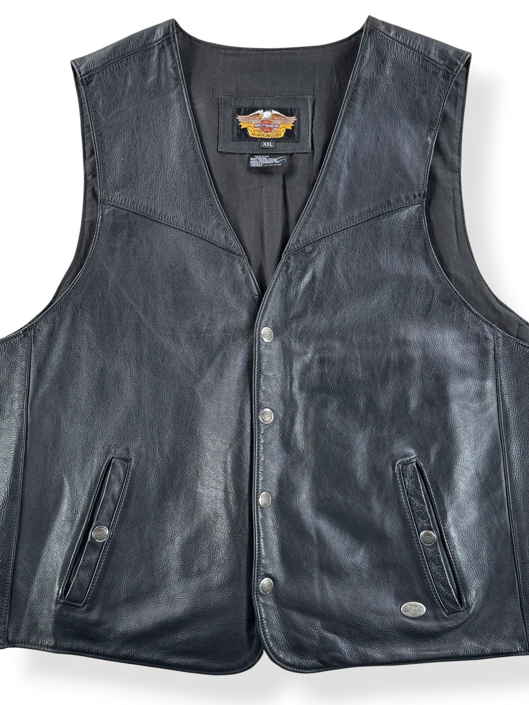 Front Close Up of Vintage Harley Leather Vest SZ XXL