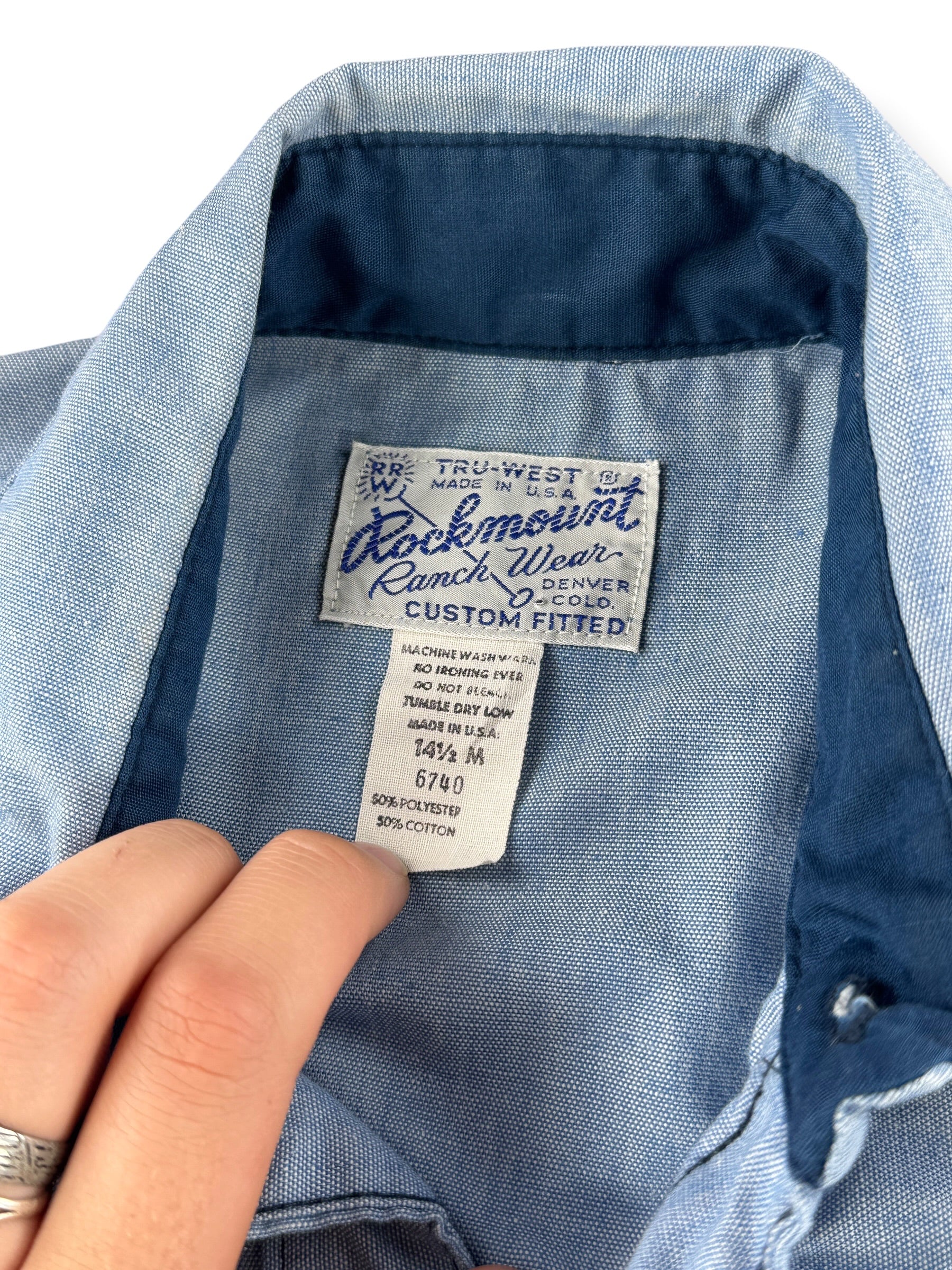 Tags on Vintage Rockmount Ranch Wear Pearl Snap Chambray SZ 14 1/2