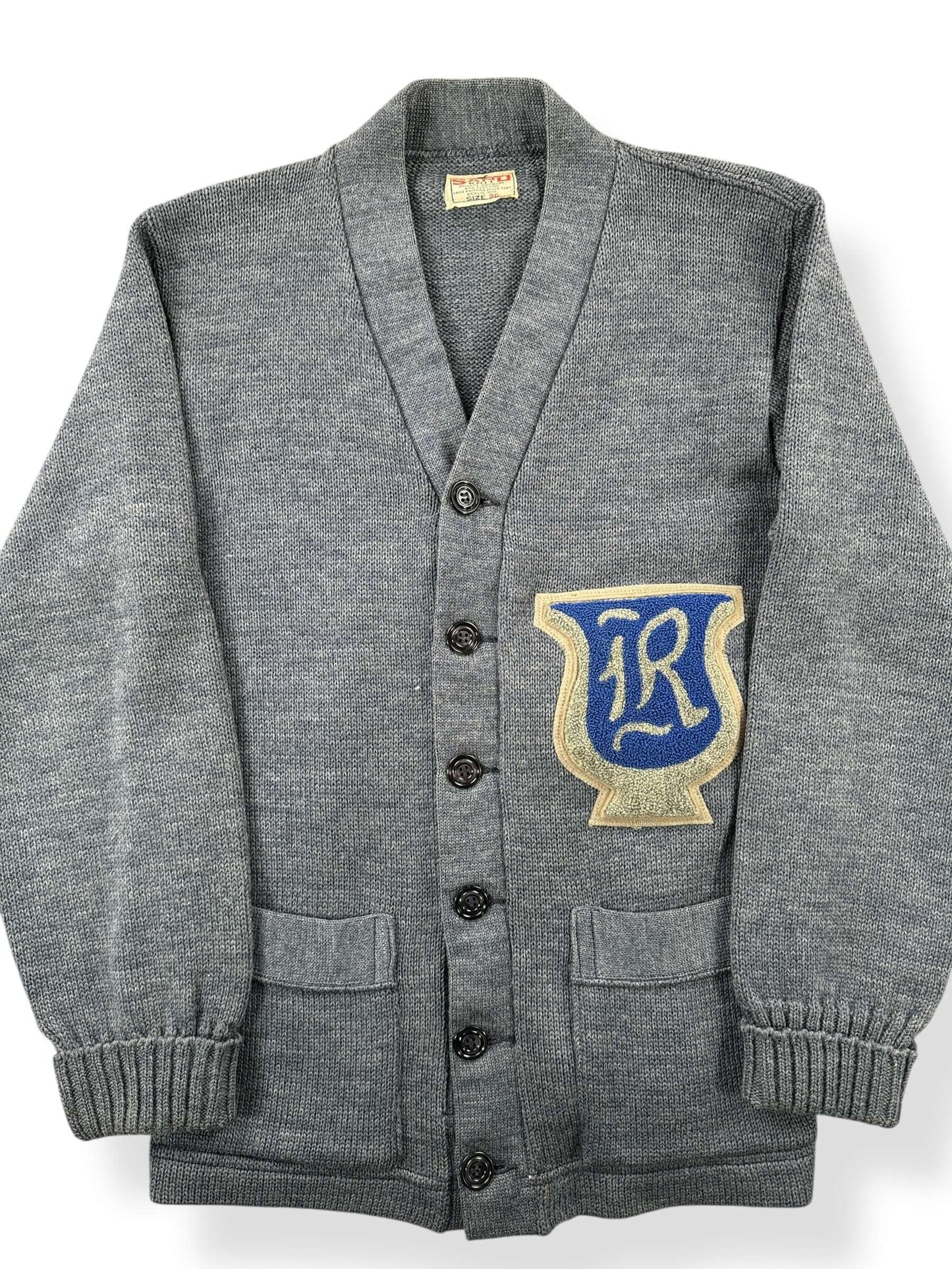 Front Close Up of Vintage Sandknit Letterman 40s/50s Era Cardigan SZ 36