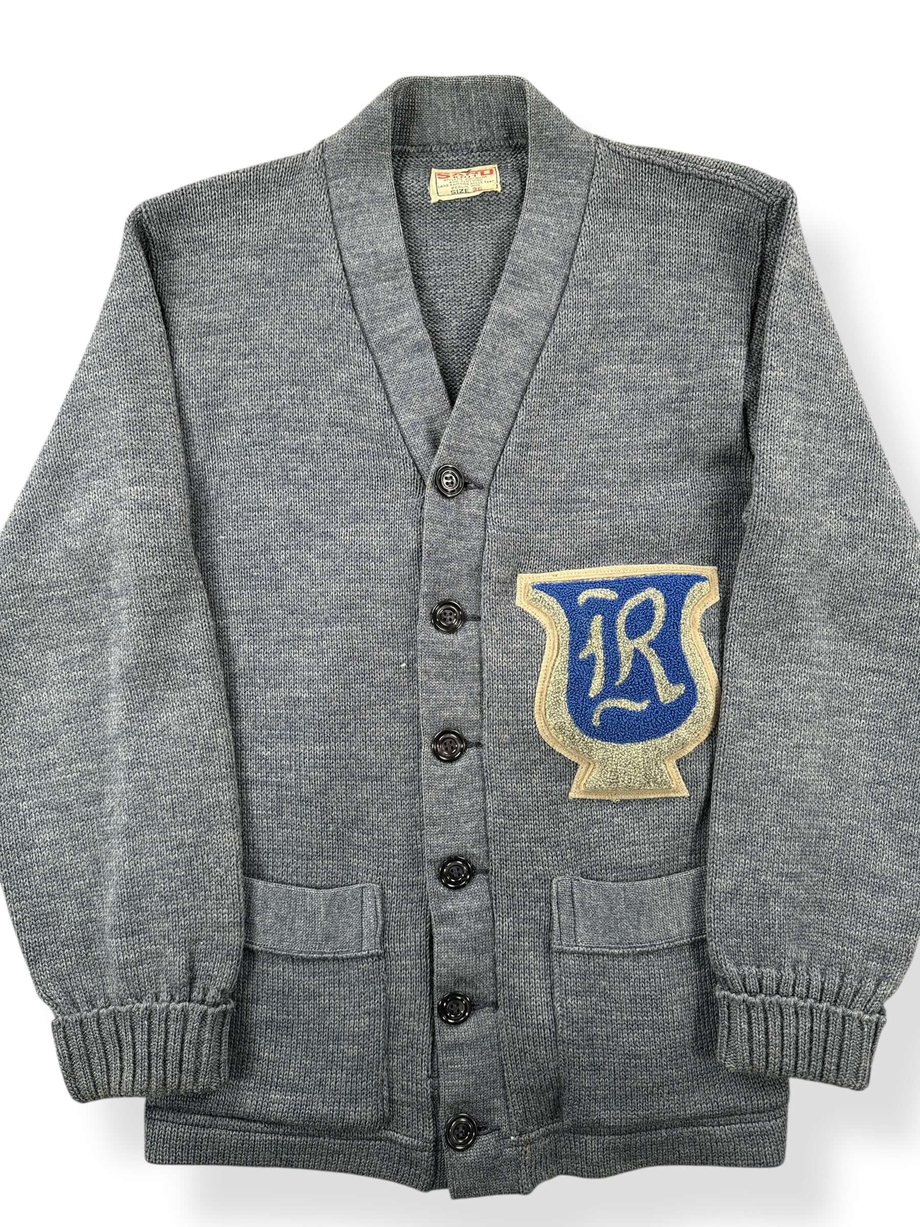 Front Close Up of Vintage Sandknit Letterman 40s/50s Era Cardigan SZ 36